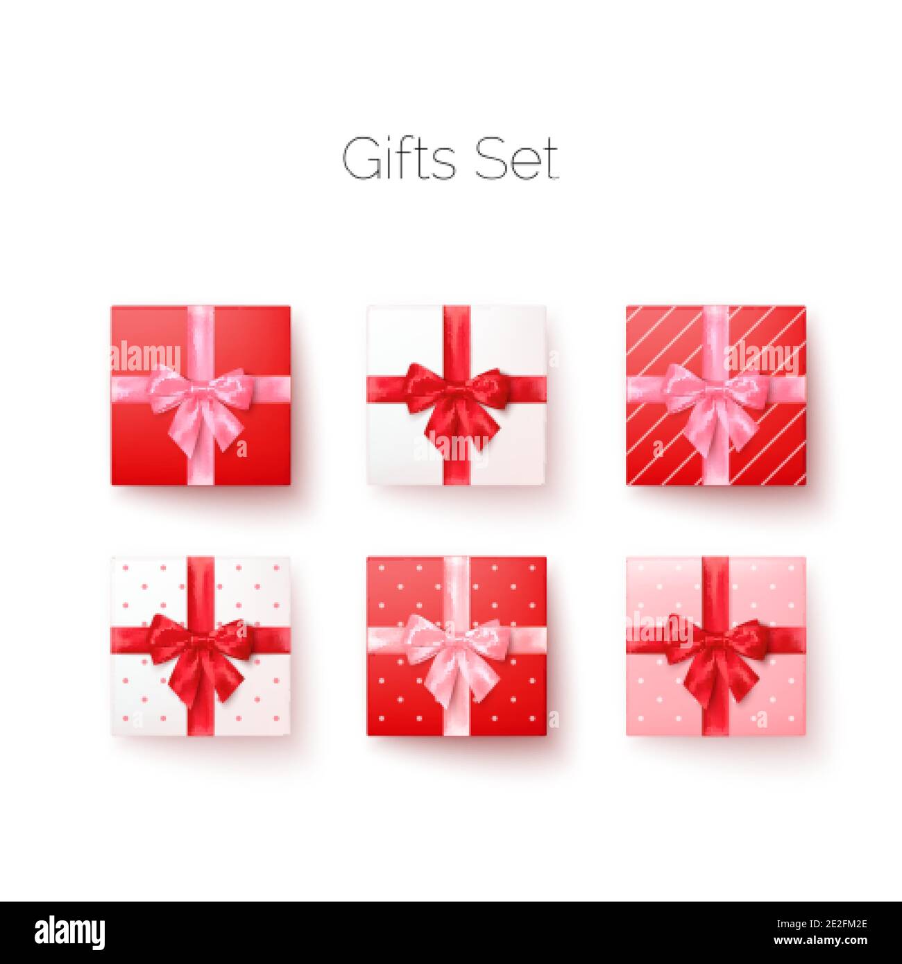 Realistisches Set von Geschenkboxen mit Seidenschleifen Draufsicht. Quadratische und herzförmige Boxen. Vektor Stock Vektor