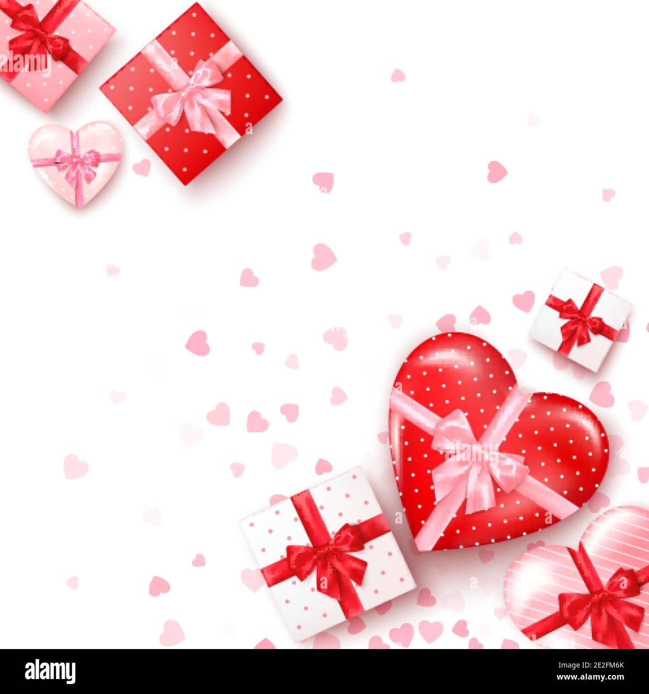 Set von Geschenken in quadratischen und herzförmigen Boxen mit Seidenband und Schleife. Geschenk für Valentinstag dekoriert Konfetti. Vorlage für Banner oder Greeti Stock Vektor