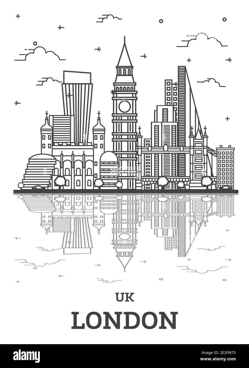 Skizzieren Sie London England UK City Skyline mit modernen Gebäuden und Reflektionen isoliert auf Weiß. Vektorgrafik. Stadtbild von London mit Wahrzeichen. Stock Vektor