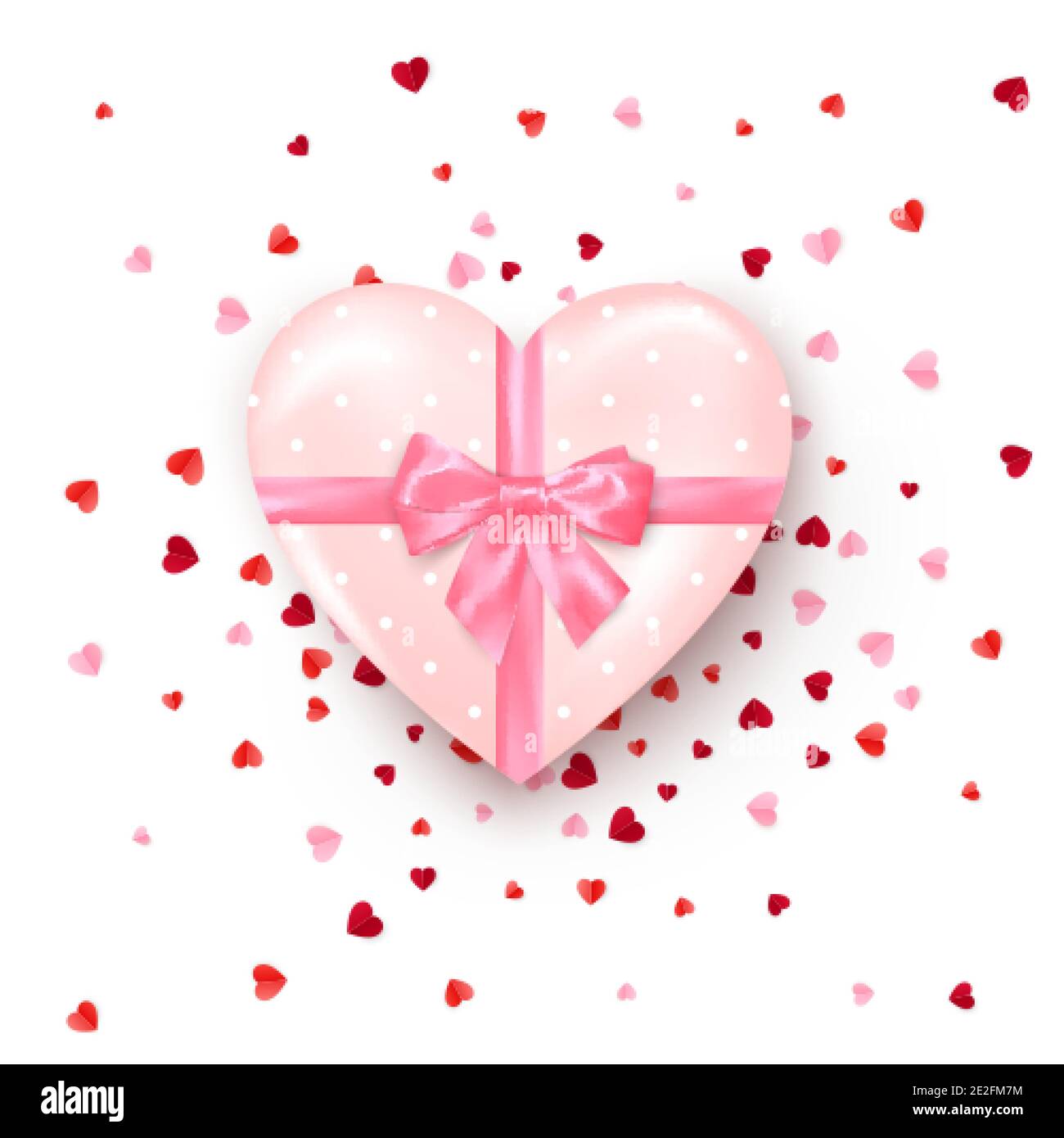 Geschenk in herzförmiger Box mit rosa Seidenschleife. Geschenk für Valentinstag dekoriert Konfetti. Vektor Stock Vektor