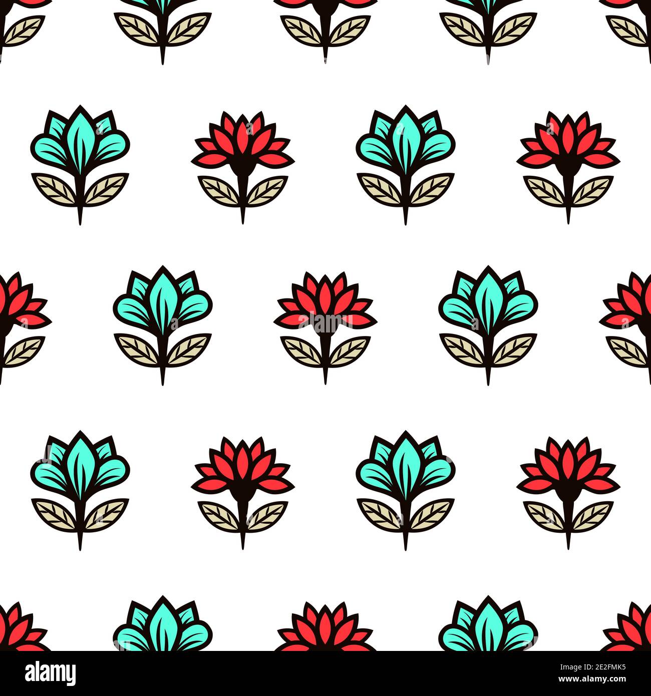 Florale Nahtloses Muster, stilvolle bunte blühende Hintergrund. Niedliche rote und türkisfarbene Knospen auf schwarzen Stielen mit grünen Blättern auf weißem Hintergrund. Für fabelhaft Stock Vektor