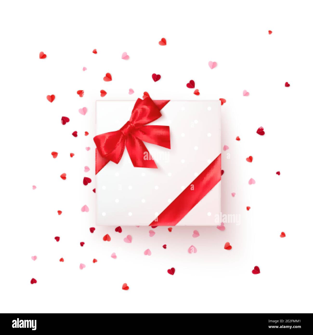 Quadratische Geschenkbox mit rotem Seidenband und Schleife. Geschenk für Valentinstag dekoriert Konfetti. Vektor Stock Vektor