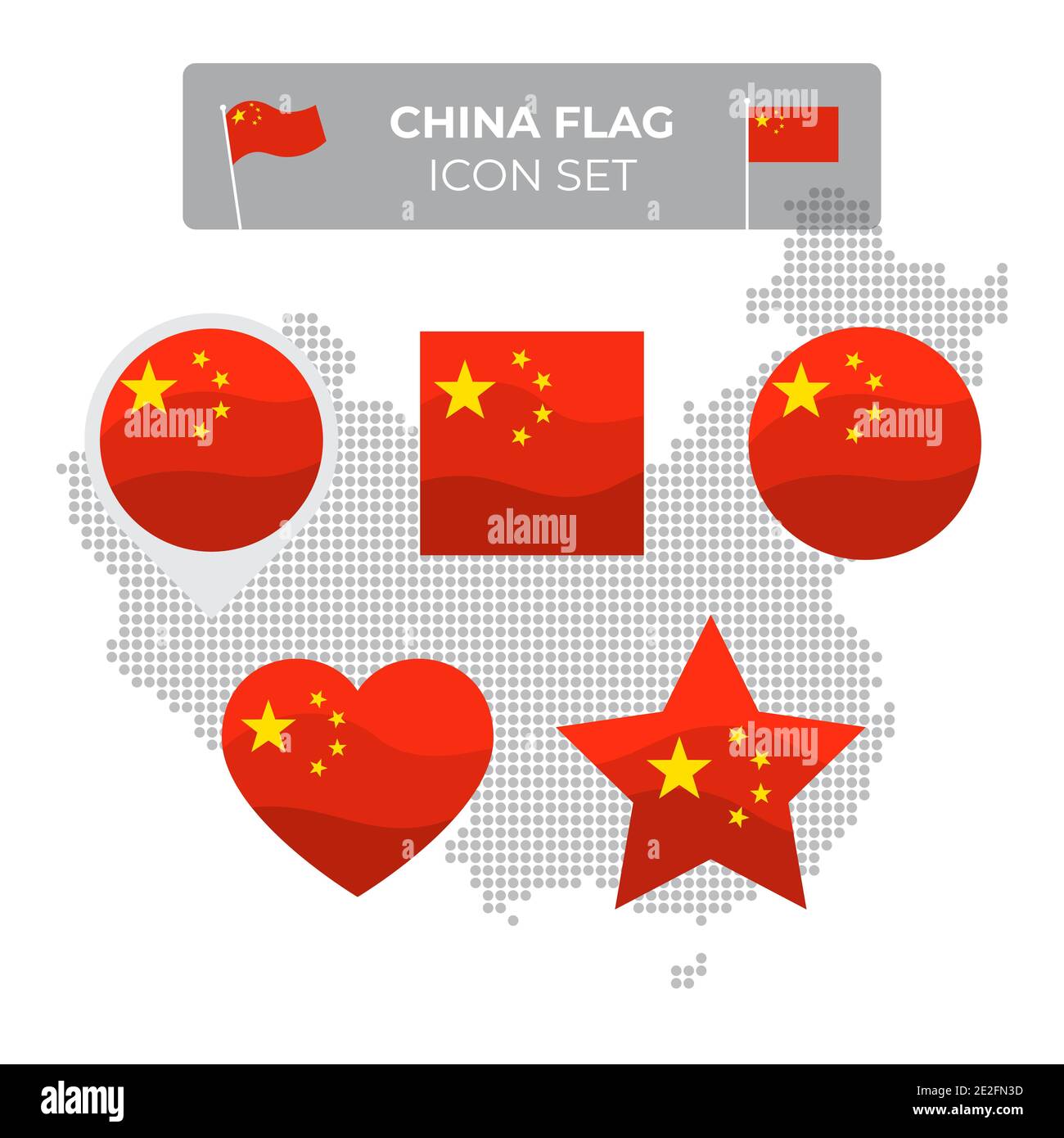 China Flagge Symbole in Form von Quadrat gesetzt, Herz, Kreis, Sterne und Zeiger, Kartenmarkierung. Mosaikkarte von china. Winken im Wind. Chinesische Flagge. Vect Stock Vektor