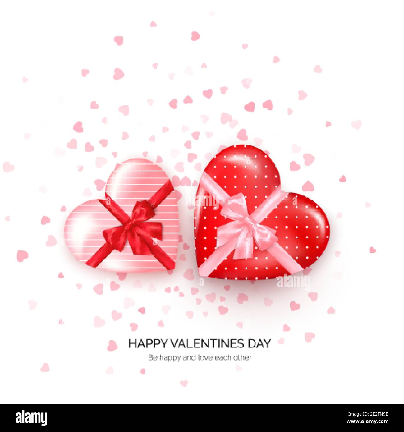 Herzförmige Geschenkschachteln mit Seidenschleife und Konfetti auf dem Hintergrund. Grußkarte zum Valentinstag. Vektorgrafik Stock Vektor