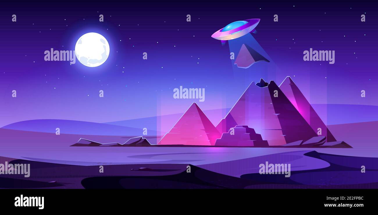 UFO stehlen Ägypten Pyramiden oben in der Nacht Wüste, Alien Untertasse ziehen Stück ägyptischen pharao Grab in Lichtstrahl. Außerirdische Invasion an alten berühmten afrikanischen Wahrzeichen Cartoon Vektor Illustration Stock Vektor