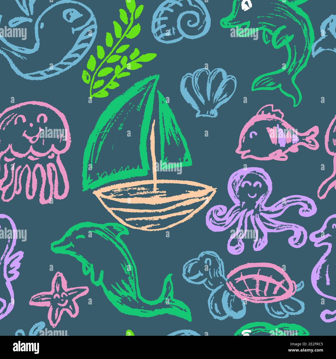 Nahtlose Kinderzeichnung. Farbige Wachsmalstifte. Symbole, Schilder, Symbole, Stifte. Meereselemente. Schiff, Qualle Stock Vektor