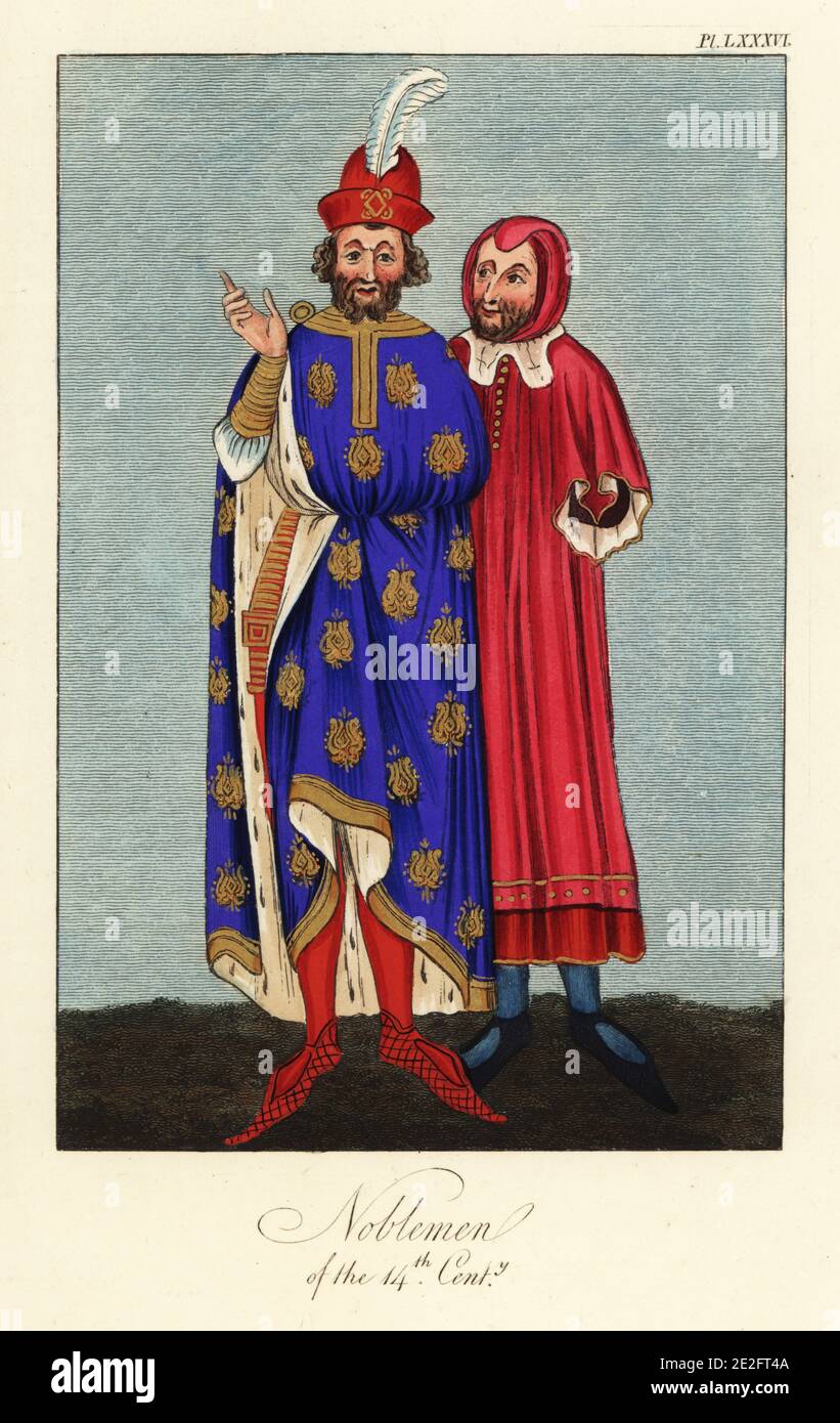 Adlige des 14. Jahrhunderts. Einer trägt eine Federmütze, bestickte blaue Tunika, die mit Ermin, scharlachem Schlauch und Kraken gefüttert ist. Die andere eine Kapuzencassock.aus Abt Nicholas Lytlington Missal in der Abbey Library in Westminster. Handkolorierter Stich von Joseph Strutt aus seiner vollständigen Ansicht des Kleides und der Gewohnheiten der Menschen von England, Henry Bohn, London, 1842. Stockfoto