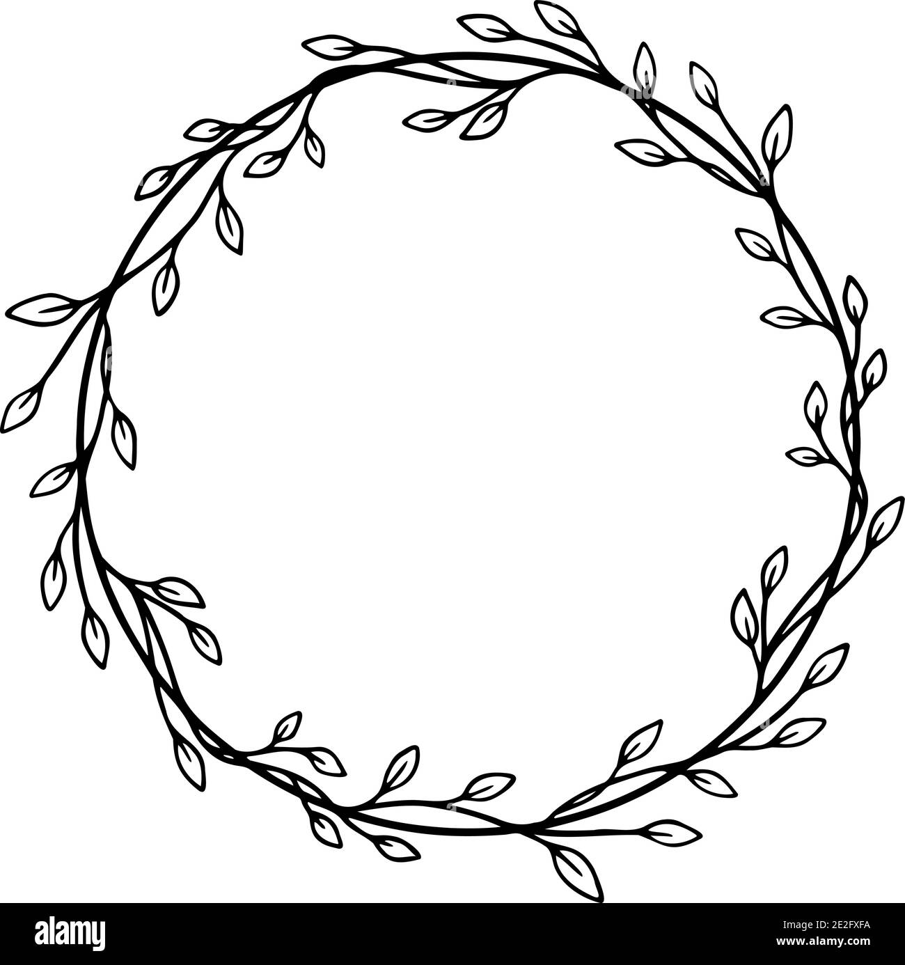 Botanischer Vektorrahmen. Blumenhintergrund. Hinterlässt einen handgezeichneten Rahmen. Zarte Blumenkranz Illustration. Linienzeichnung Vektor Zweige, Pflanzen, Kräuter. Blattlogo. Hochzeitseinladung stationär. . Vektorgrafik Stock Vektor