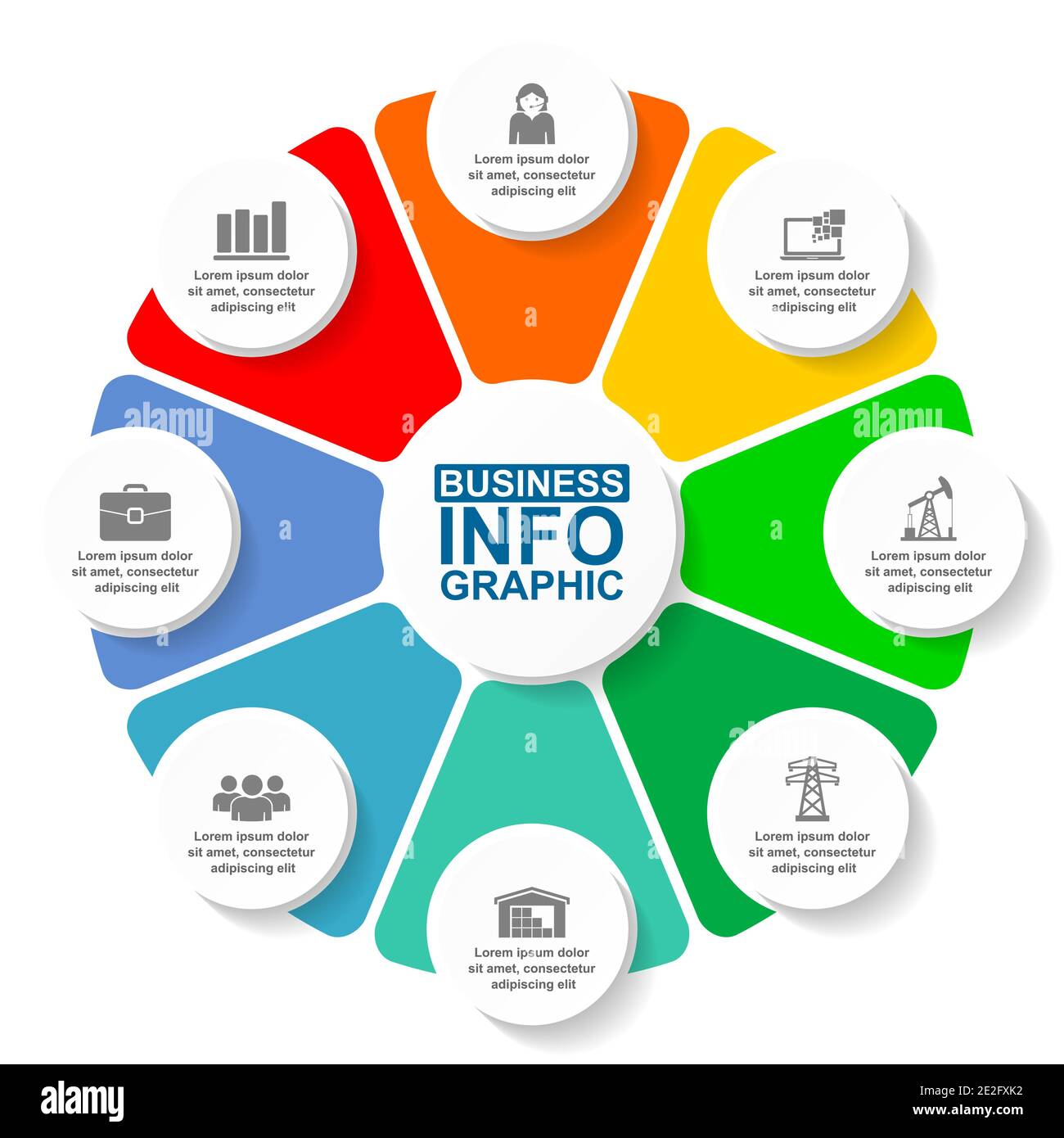 Infografik Vektor bunte Vorlage für Präsentation, Tortendiagramm, Diagramm, Grafik, Geschäftskonzept mit 8 Optionen Stock Vektor