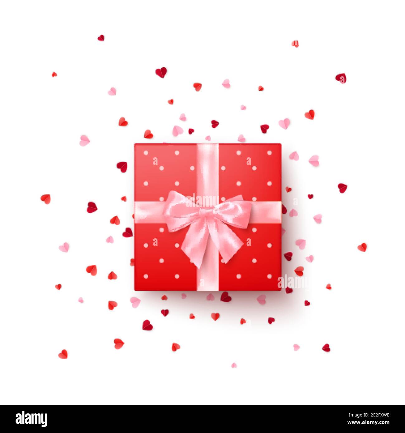 Realistische rote Geschenkbox mit rosa Seidenschleife verziert Konfetti Draufsicht. Vektorgrafik Stock Vektor
