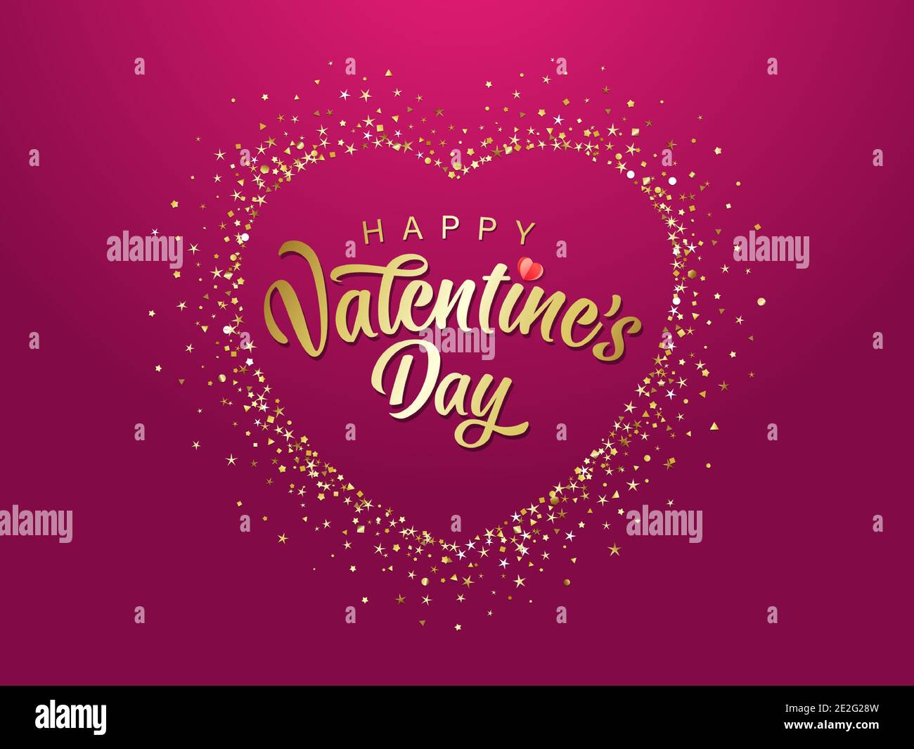 Happy Valentines Day Typografie in golden funkelnden Schlaganfall Herz mit Staub Glitzer Grafik auf rosa Hintergrund. Dekorative leuchtende Punkte, glänzende Textur Stock Vektor