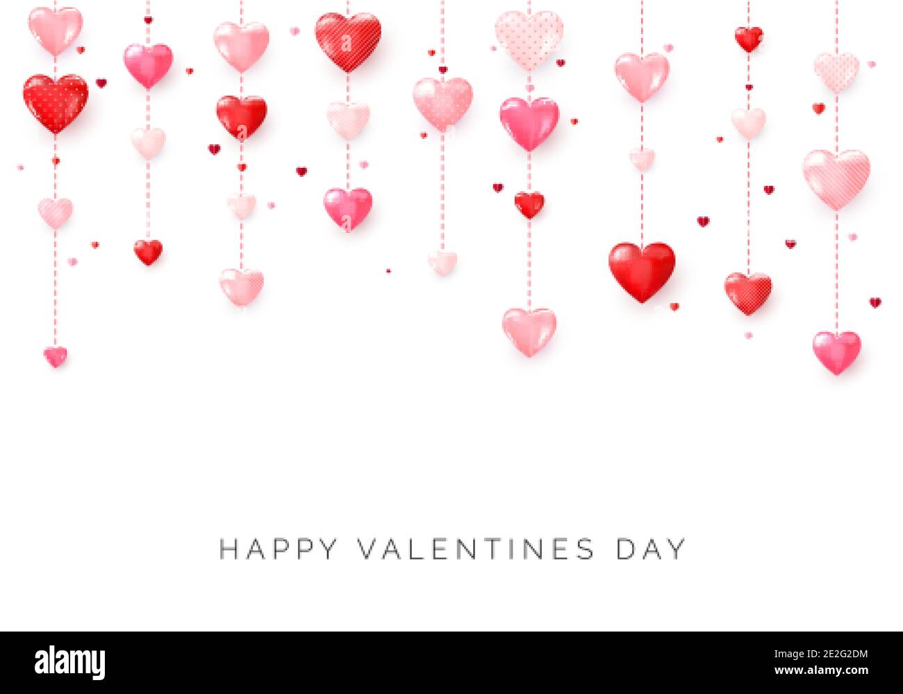 Valentinskarte zum Valentinstag. Hängende rosa und rote Herzen. Vektor Stock Vektor