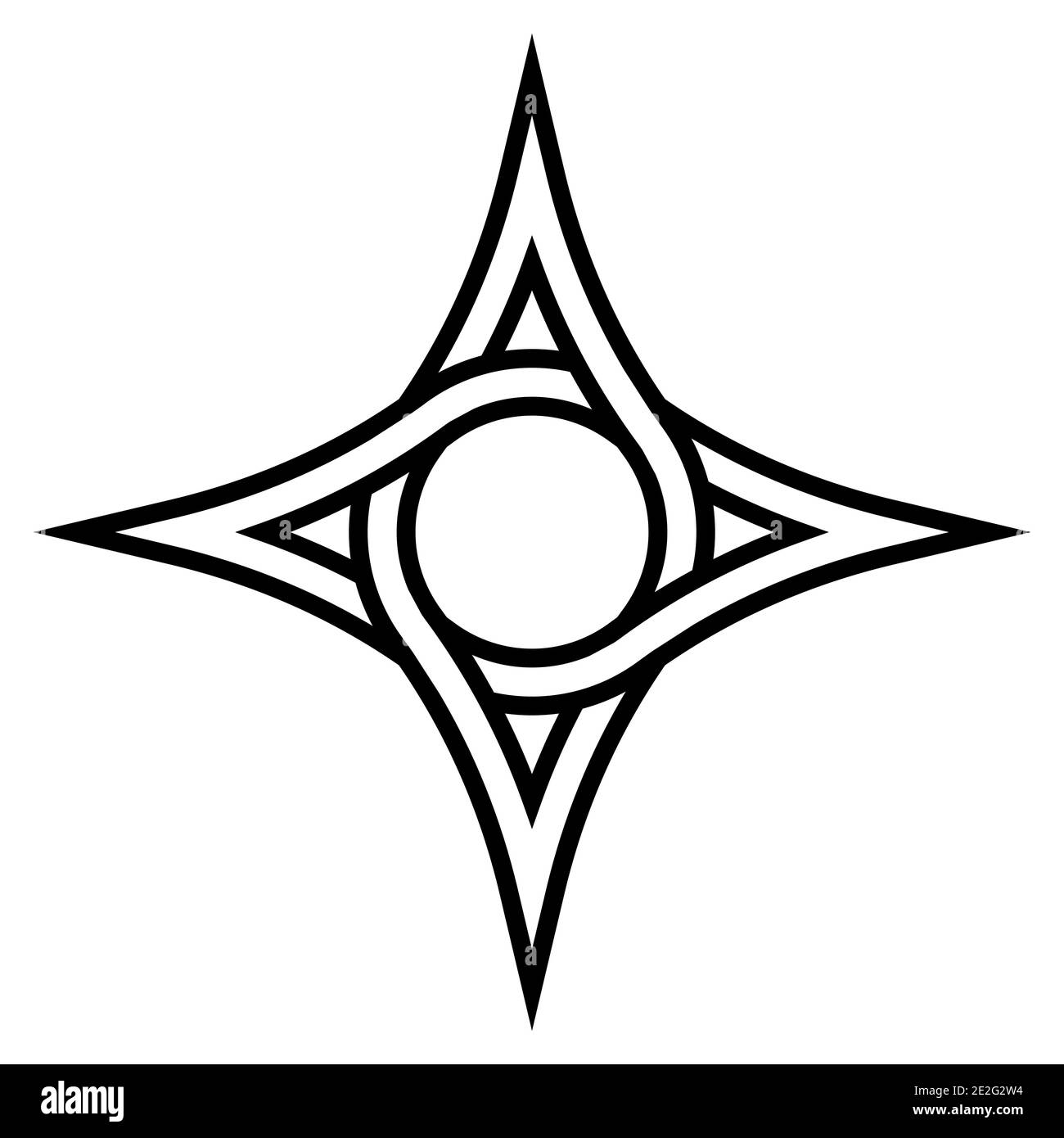 Geometrisches Logo vier spitzen Stern mit einem Kreis im Inneren, Vektor-Symbol der Zirkulation Fonds, Zeichen der Verflechtung Stock Vektor