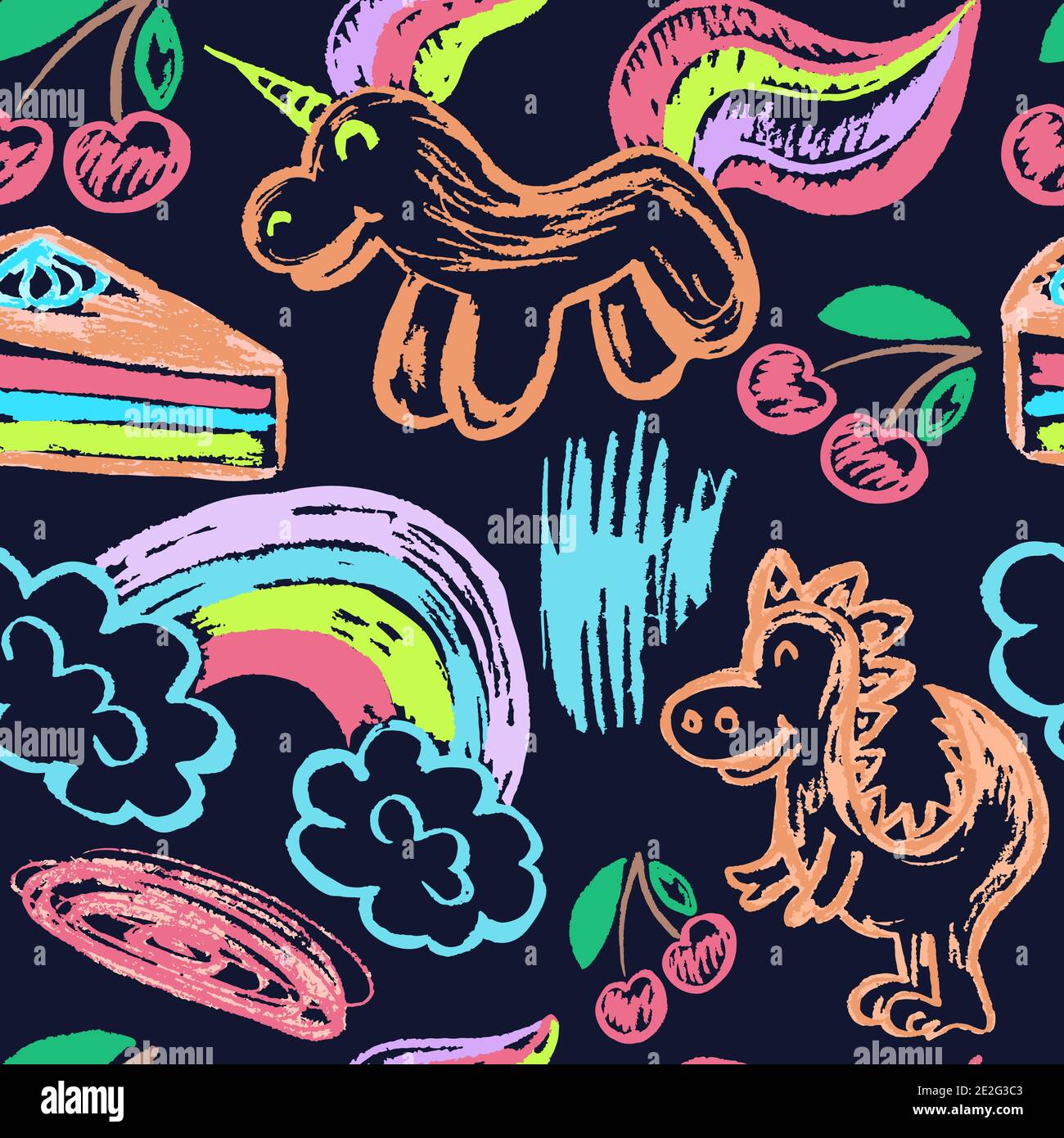 Nahtlose nette Kinderzeichnung. Farbige Wachsmalstifte. Symbole, Schilder, Symbole, Stifte. Einhorn, Dinosaurier, Regenbogen, Kuchen, Kirsche Stock Vektor