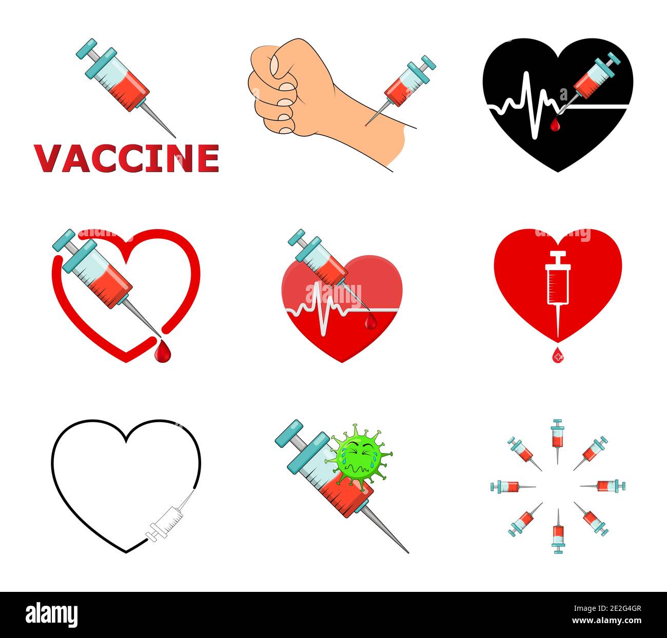 Impfstoff-Symbol-Set. Symbole der Impfung gegen covid 19. Enthält Designs von verschiedenen Injektion und Clip Art. Vektor-Illustration isoliert auf whit Stock Vektor
