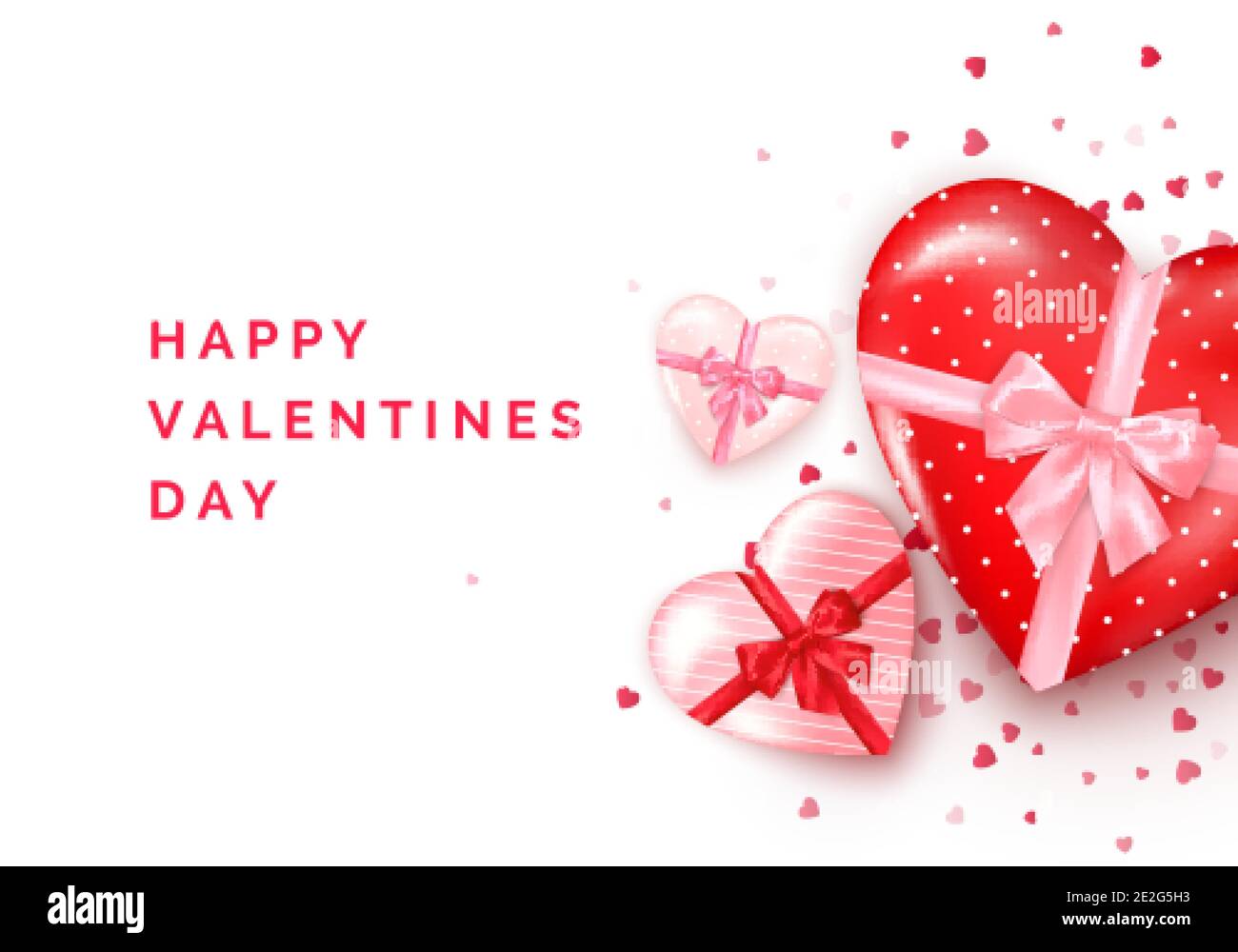 Grußkarte zum Valentinstag. Herzförmige Geschenkschachteln mit Seidenschleife und Konfetti auf dem Hintergrund. Vektorgrafik Stock Vektor