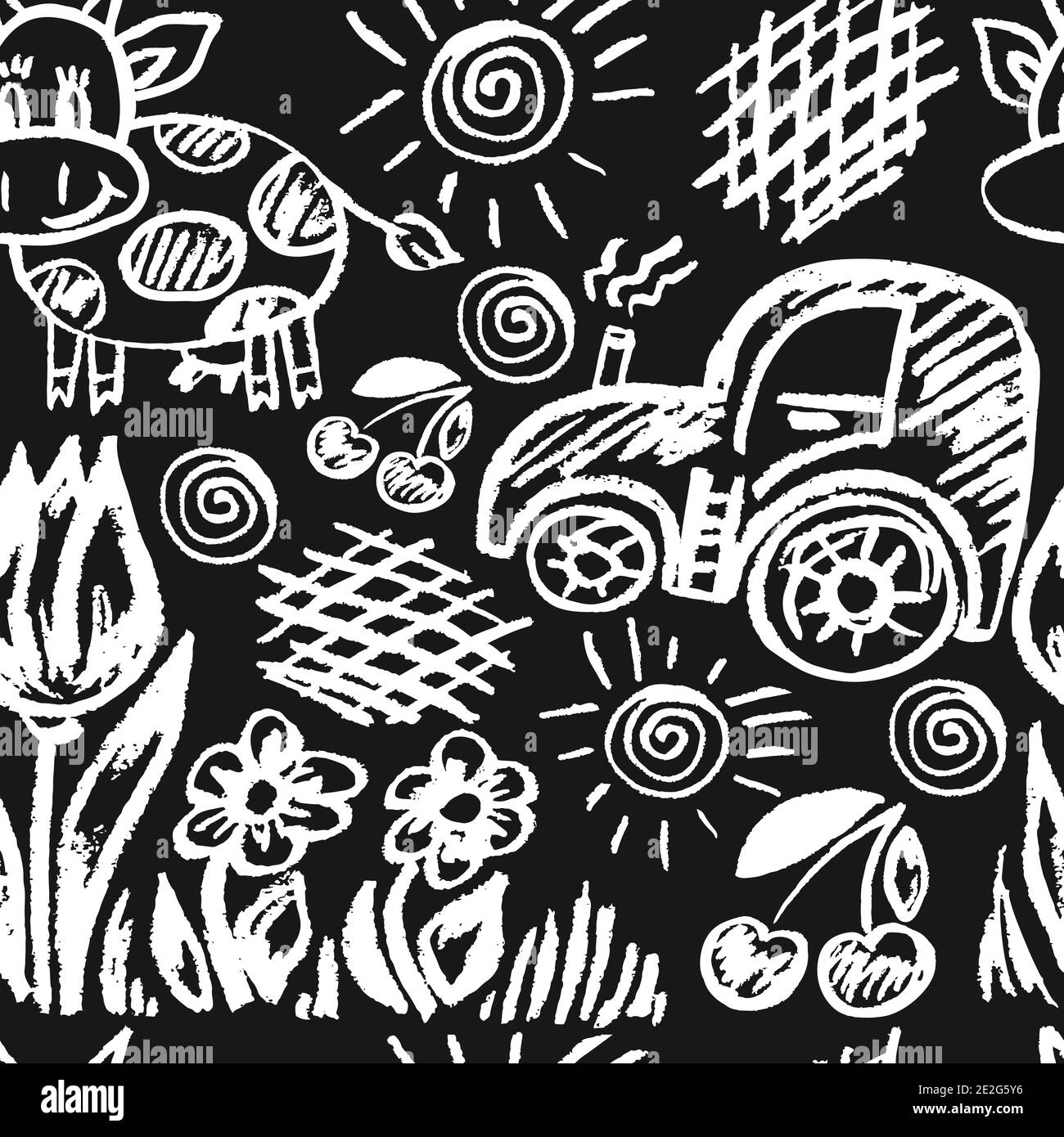 Nahtlose nette Kinderzeichnung. Schwarz und Weiß. Symbole, Schilder, Symbole, Stifte. Traktor, Kuh, Blumen, Kirsche Stock Vektor