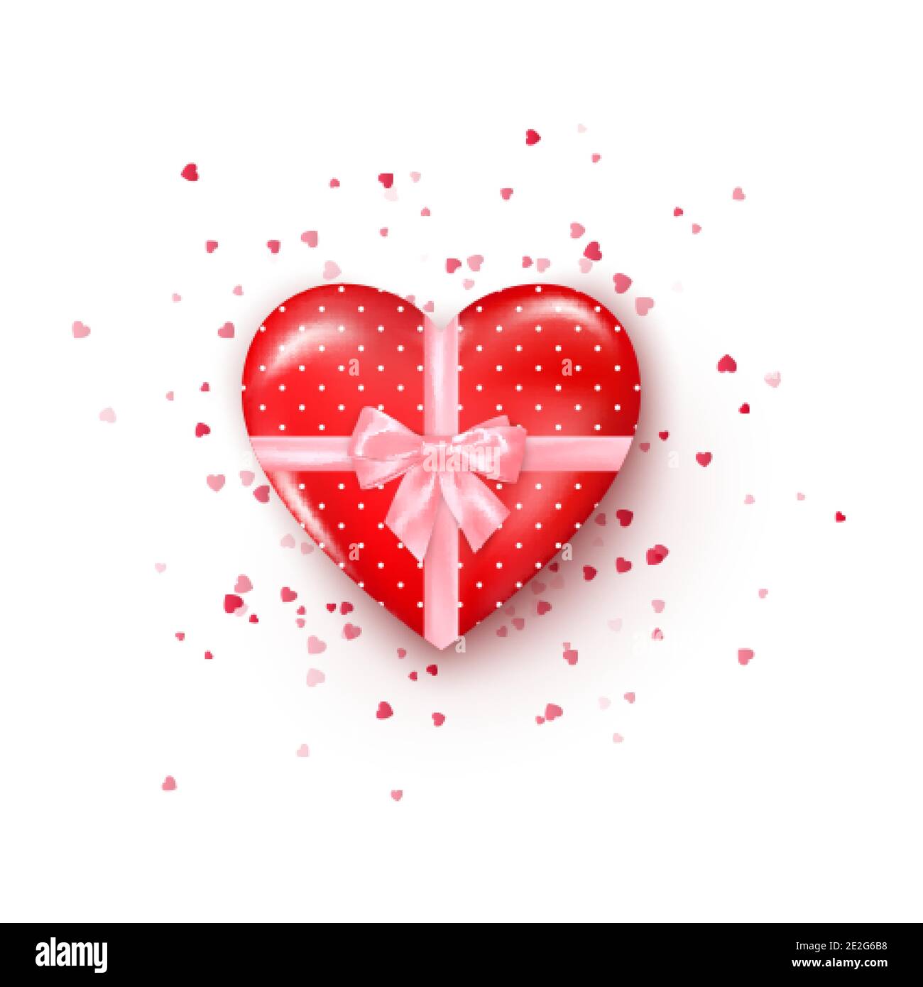 Geschenk in herzförmiger Box mit rosa Seidenband und Schleife. Geschenk für Valentinstag dekoriert Konfetti. Vektor Stock Vektor
