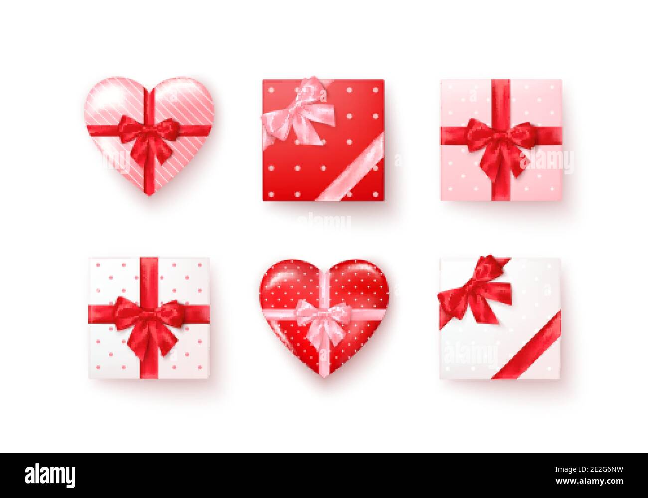Set von Geschenkboxen mit Seidenschleifen in realistischem Stil Draufsicht. Quadratische und herzförmige Boxen verschiedenen Farben. Vektor Stock Vektor
