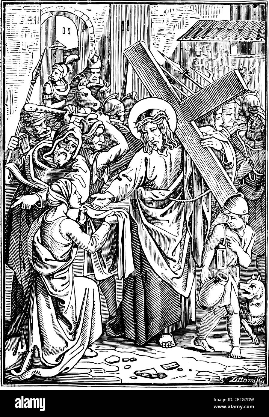6. Oder 6. Station des Kreuzes oder Kreuzweg oder Via Crucis. Veronica wischt das Gesicht von Jesus.Bible, New Testament.Antique Jahrgang biblischen religiösen Gravur oder Zeichnung. Stock Vektor