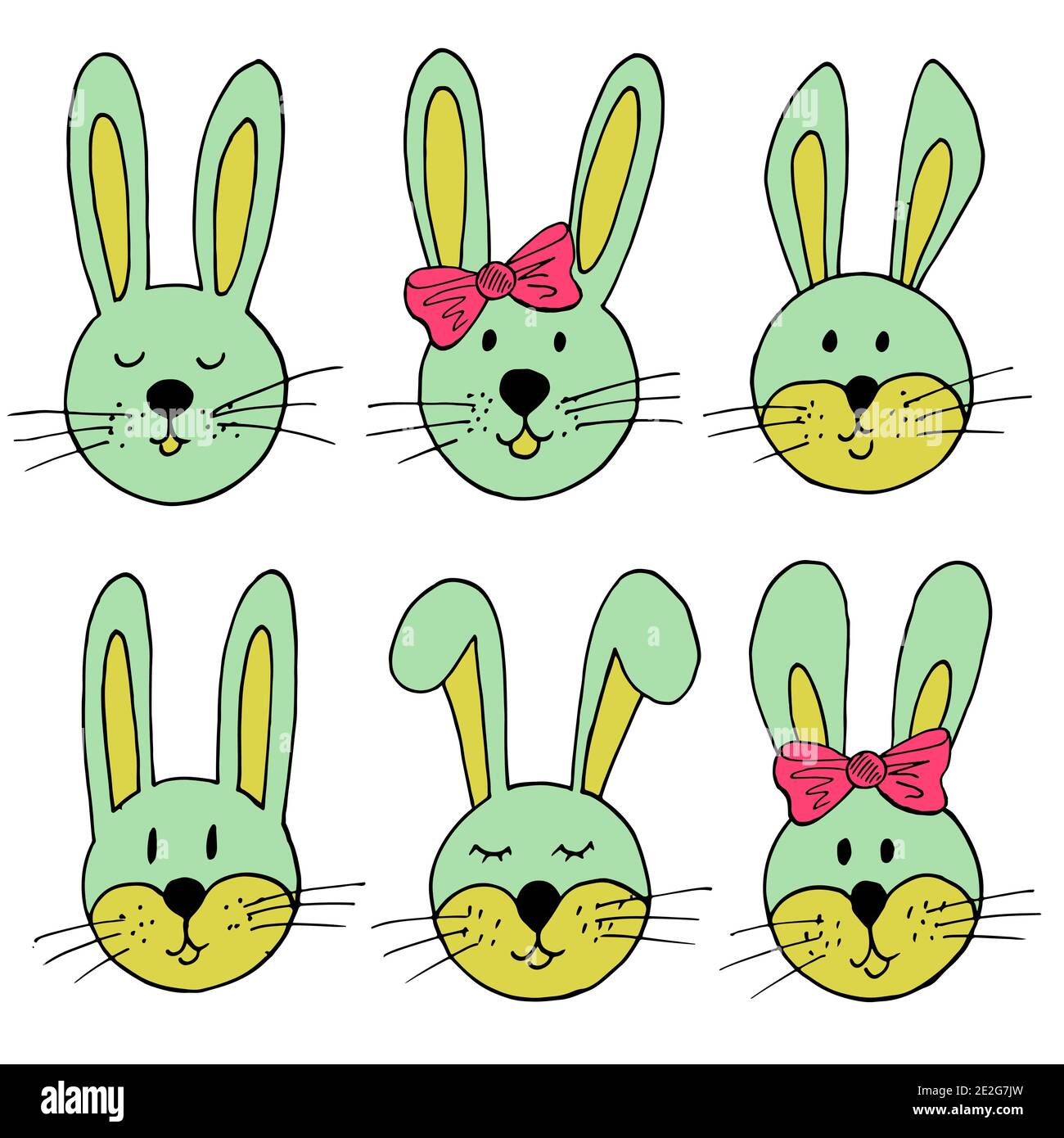 Osterdarstellung. Frohe Ostern. Set von niedlichen Zeichnungen, Osterhase. Eine Sammlung von Bildern von Hasen. Pastellgrün, rote Schleifen Stock Vektor