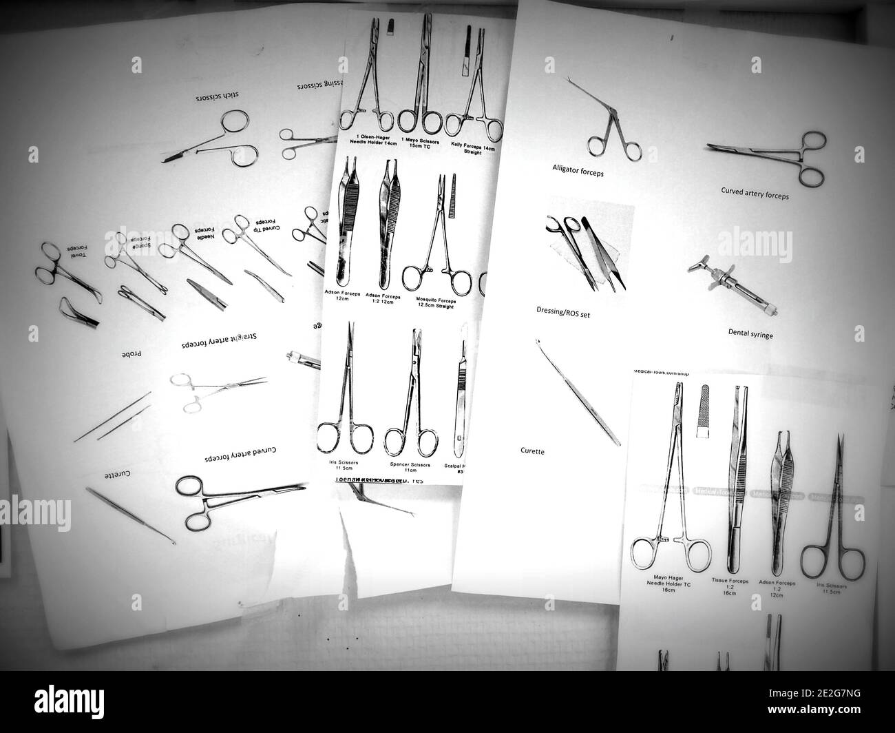 Papiere auf einer Stiftleiste in einem medizinischen Zentrum, die Arten von Scheren und Pinzetten benennen, die von Krankenschwestern und Ärzten verwendet werden Stockfoto