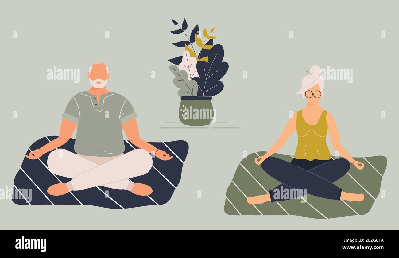 Ältere lustige Frau und Mann in Yoga Lotus Position, Meditation, Achtsamkeit Praxis, spirituelle Disziplin zu Hause oder Gym.Cute alte Dame und männlich Stock Vektor