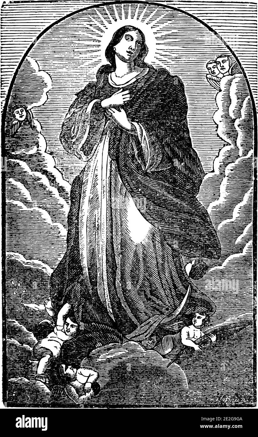 Jungfrau Maria oder heilige Frau, die am Himmel mit Händen am Herzen steht. Antike Vintage biblischen christlichen religiösen Gravur oder Zeichnung. Stock Vektor