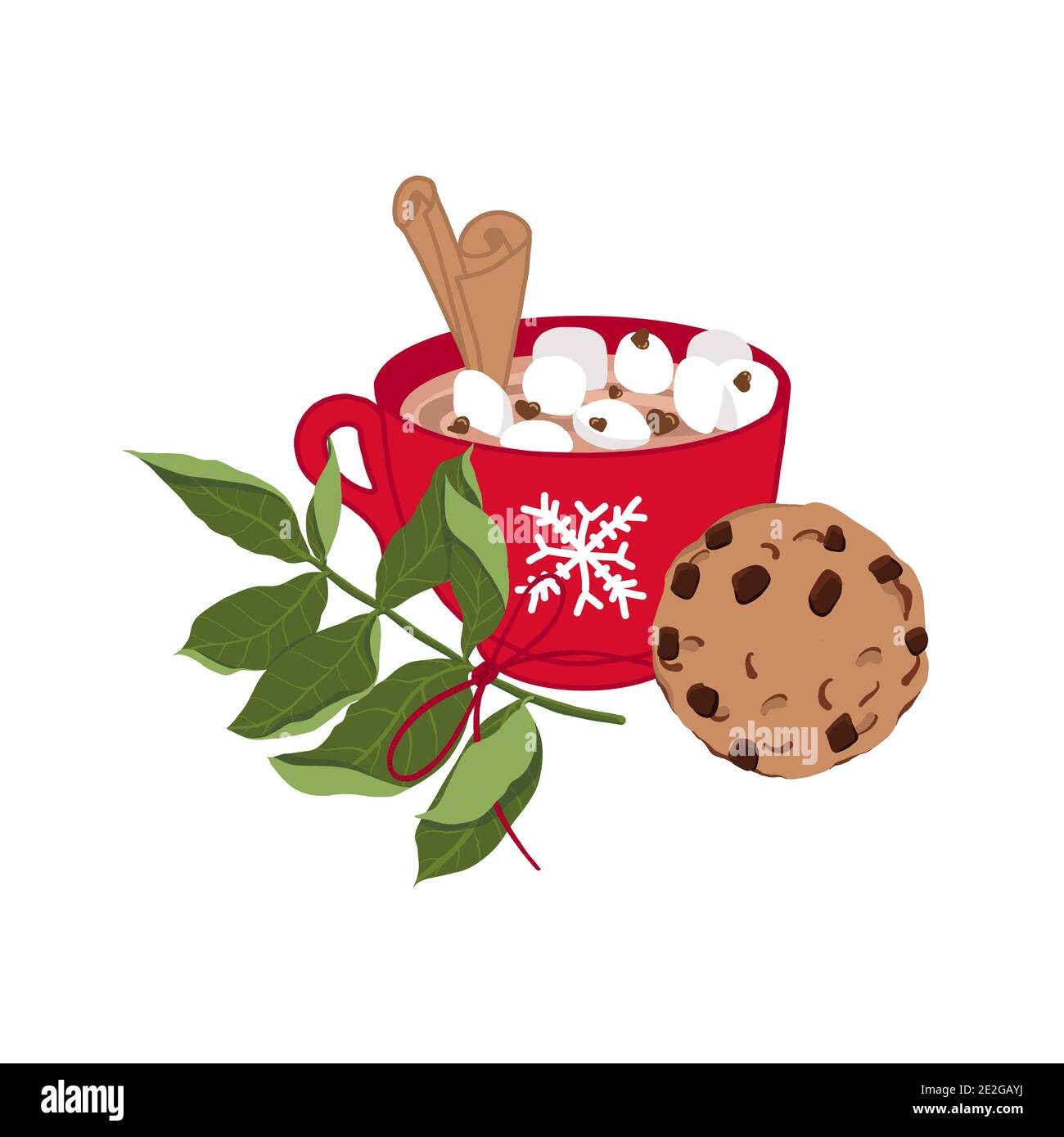 Rote Tasse mit heißer Schokolade oder Kakao, Marshmallows, Zimt, Schokoladentropfen. Schokoladenkekse und ein Baumzweig. Weihnachten Grußkarte Design Stock Vektor
