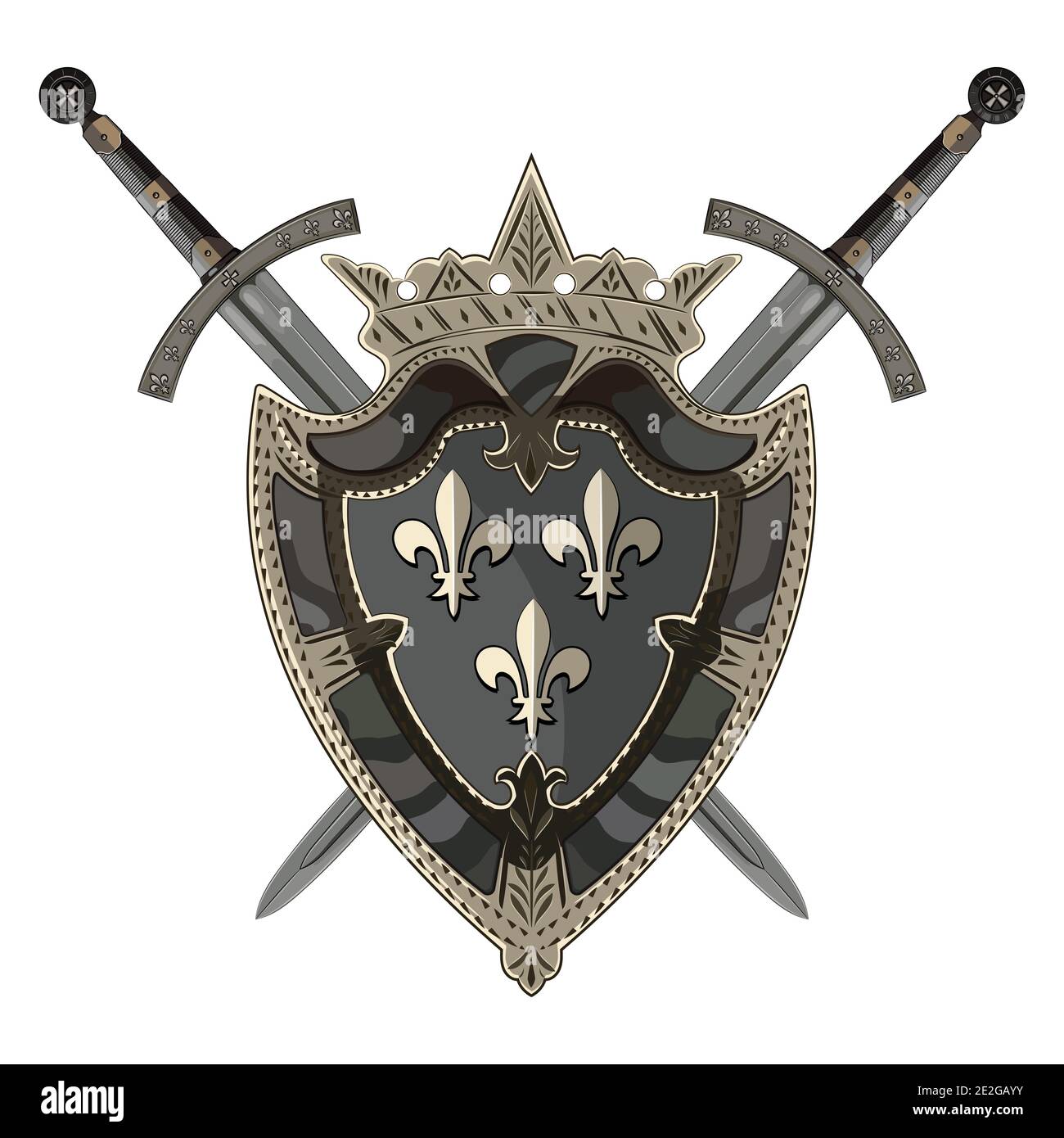 Ritter Schwert. Zwei gekreuzte Ritter des Schwertes und mittelalterlichen Wappschild Stock Vektor