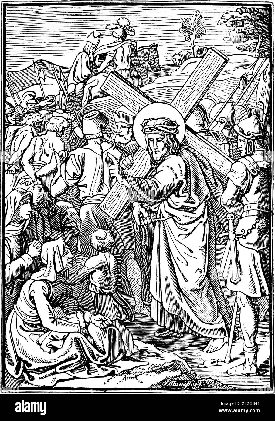 8. Oder 8. Station des Kreuzes oder Kreuzweg oder Via Crucis. Jesus begegnet den Frauen von Jerusalem.Bibel, Neues Testament. Antike Vintage biblische religiöse Gravur oder Zeichnung. Stock Vektor