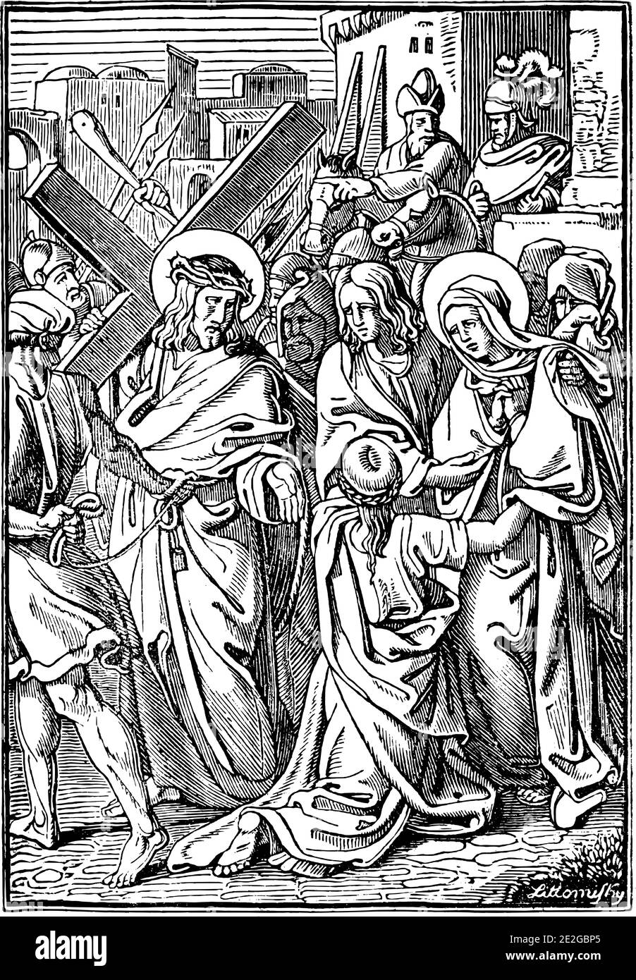 4. Oder 4. Station des Kreuzes oder Kreuzweg oder Via Crucis. Jesus begegnet seiner Mutter Maria.Bibel, Neues Testament. Antike Vintage biblische religiöse Gravur oder Zeichnung. Stock Vektor