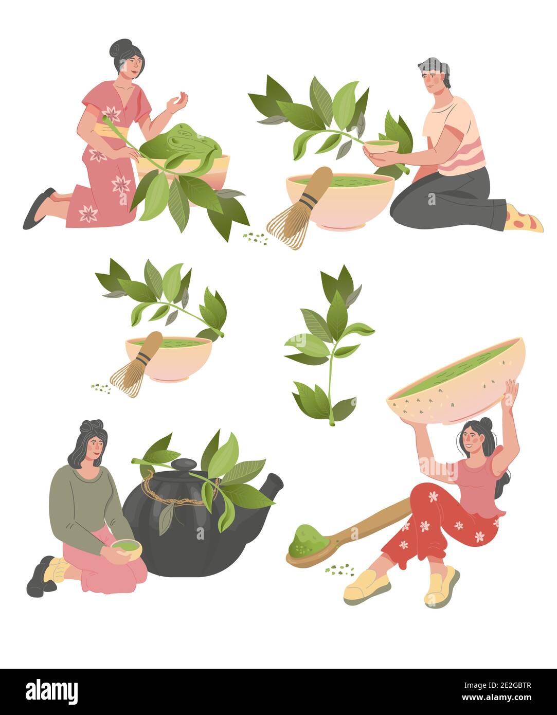 Set von Menschen mit grünem Kräutertee oder Matcha, flache Vektor-Illustration isoliert. Stock Vektor
