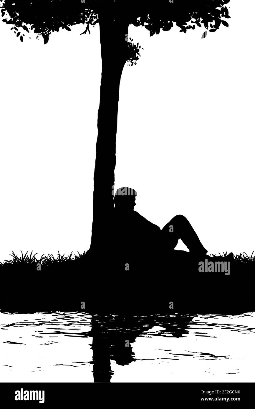 Mann sitzt unter einem Baum mit Reflexion im Wasser, Vektor-Illustration Stock Vektor