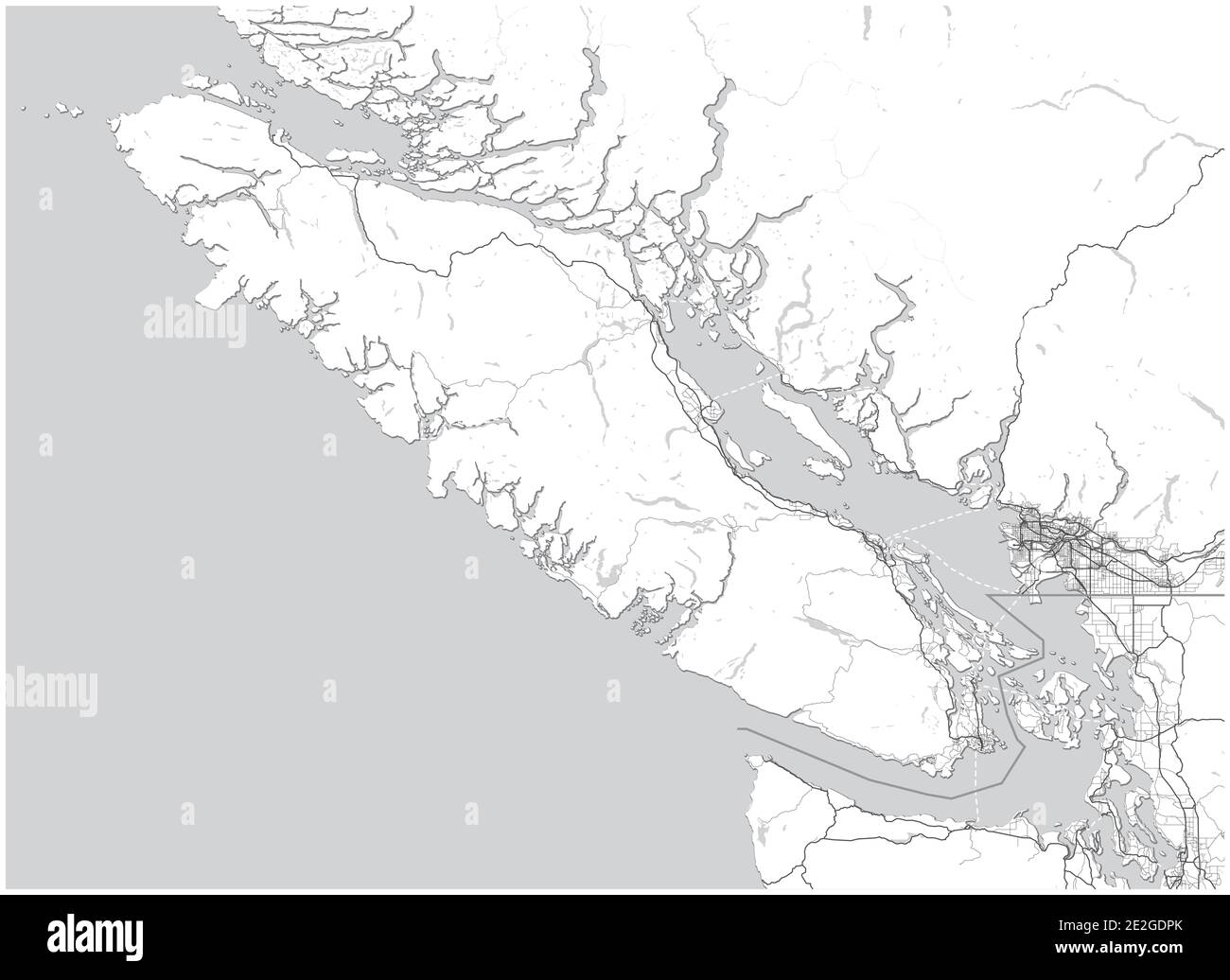 Vancouver Island Karte mit Greater Vancouver, British Columbia, Kanada und Teilen des Staates Washington, USA. Einfache Graustufenkarte ohne Text Stock Vektor