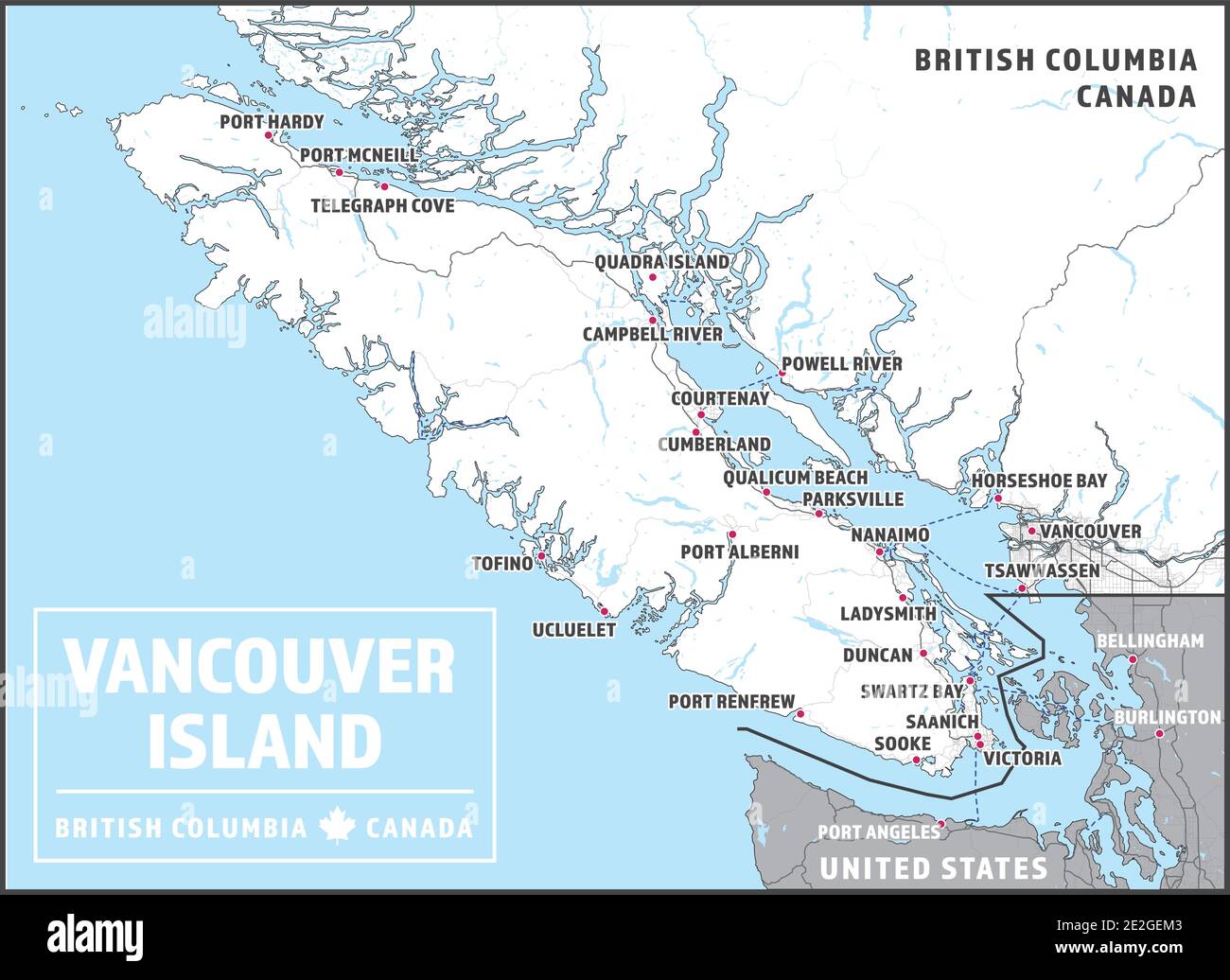 Vancouver Island Karte mit Greater Vancouver, British Columbia, Kanada und Teilen des Staates Washington, USA. Touristische Karte mit wichtigen Orten. Stock Vektor