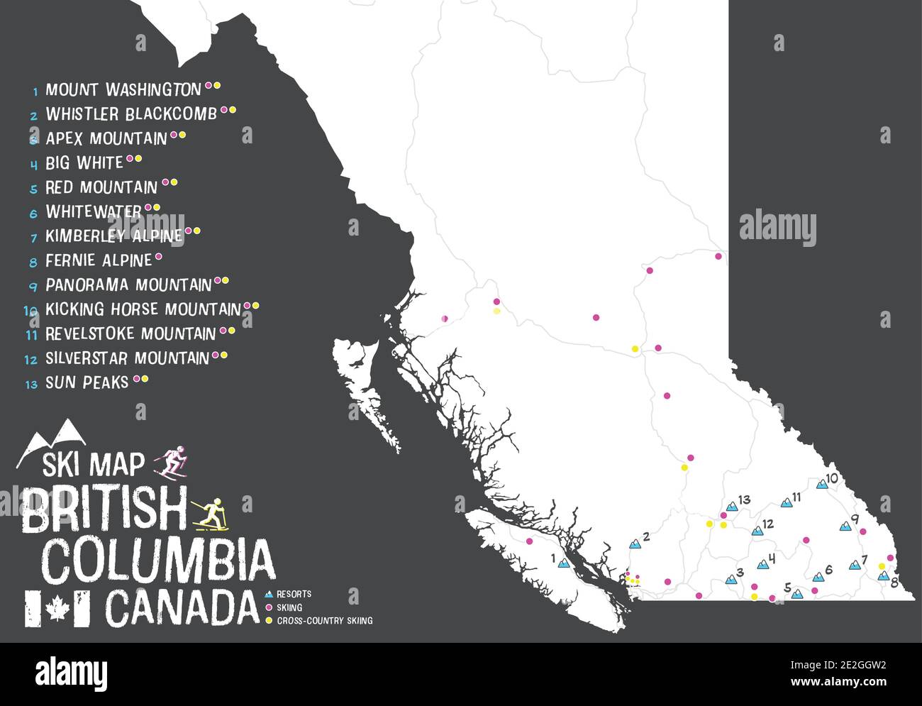 Skikarte von British Columbia, Kanada. BC Karte mit Symbolen für Wintergebiete, Skifahren und Langlaufen. Winter Tourist Ski Guide oder Informationen. Stock Vektor