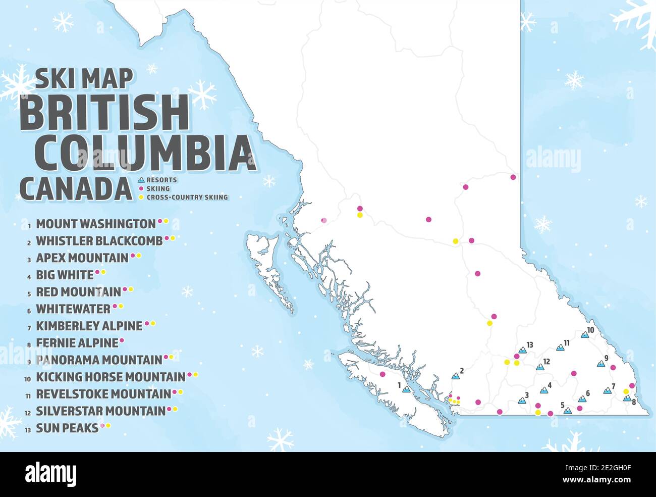 Skikarte von British Columbia, Kanada. BC-Karte mit Symbolen für Skigebiete, Ski- und Langlauforte. Winter Tourist Ski Guide oder Informationen. Stock Vektor