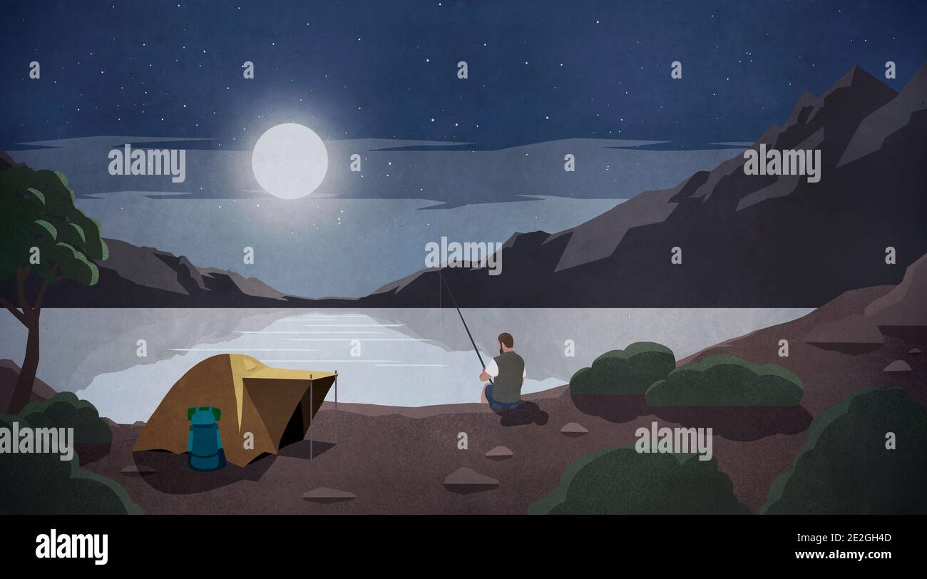 Mondschein über Mann Angeln auf abgelegenen Campingplatz am See Stockfoto