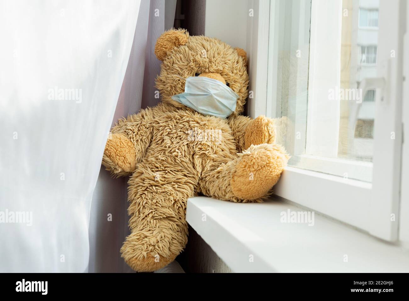 Teddybär trägt Gesichtsmaske in Fensterbank Stockfoto