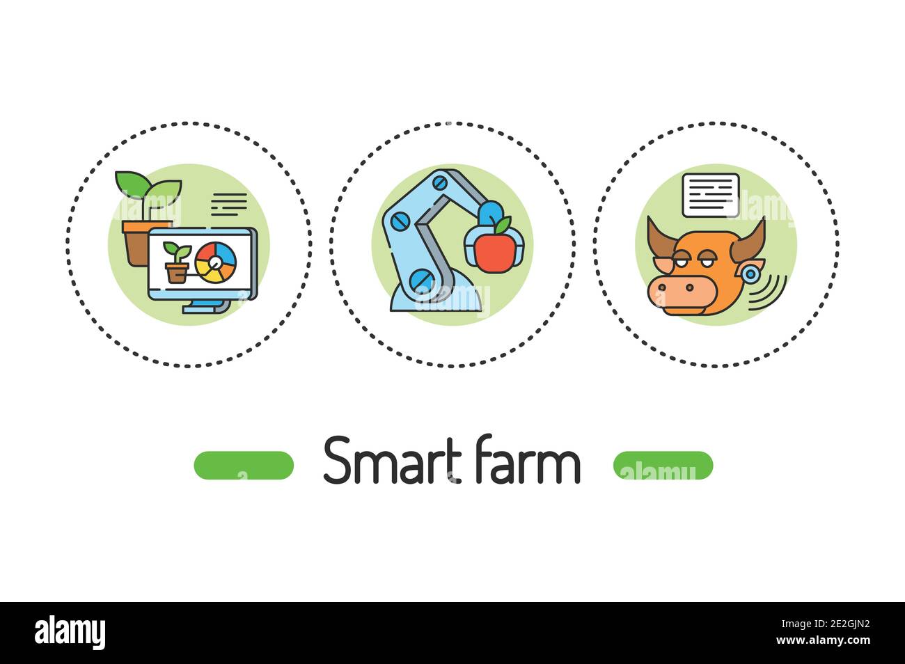 Konzept der Smart Farm Outline. Farbsymbole für Pflanzen- und Tiermanagement-Linien. Piktogramme für Webseite, mobile App, Promo. Stock Vektor