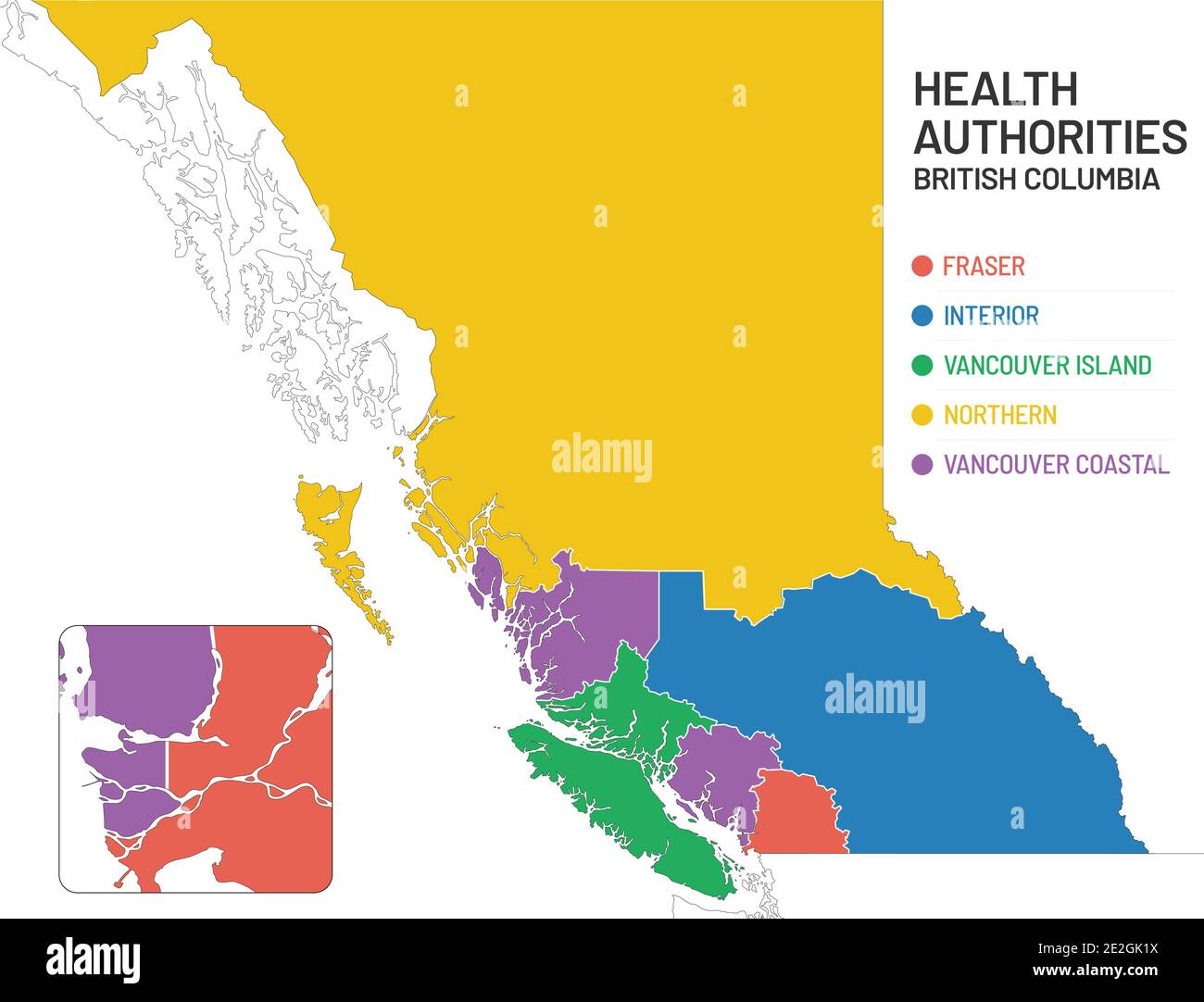 Karte der Gesundheitsbehörden von British Columbia. Einfache Karte von BC Kanada, die die Gesundheitsgrenze für jede Region der Gesundheitsbehörde illustriert und benennt. Stock Vektor