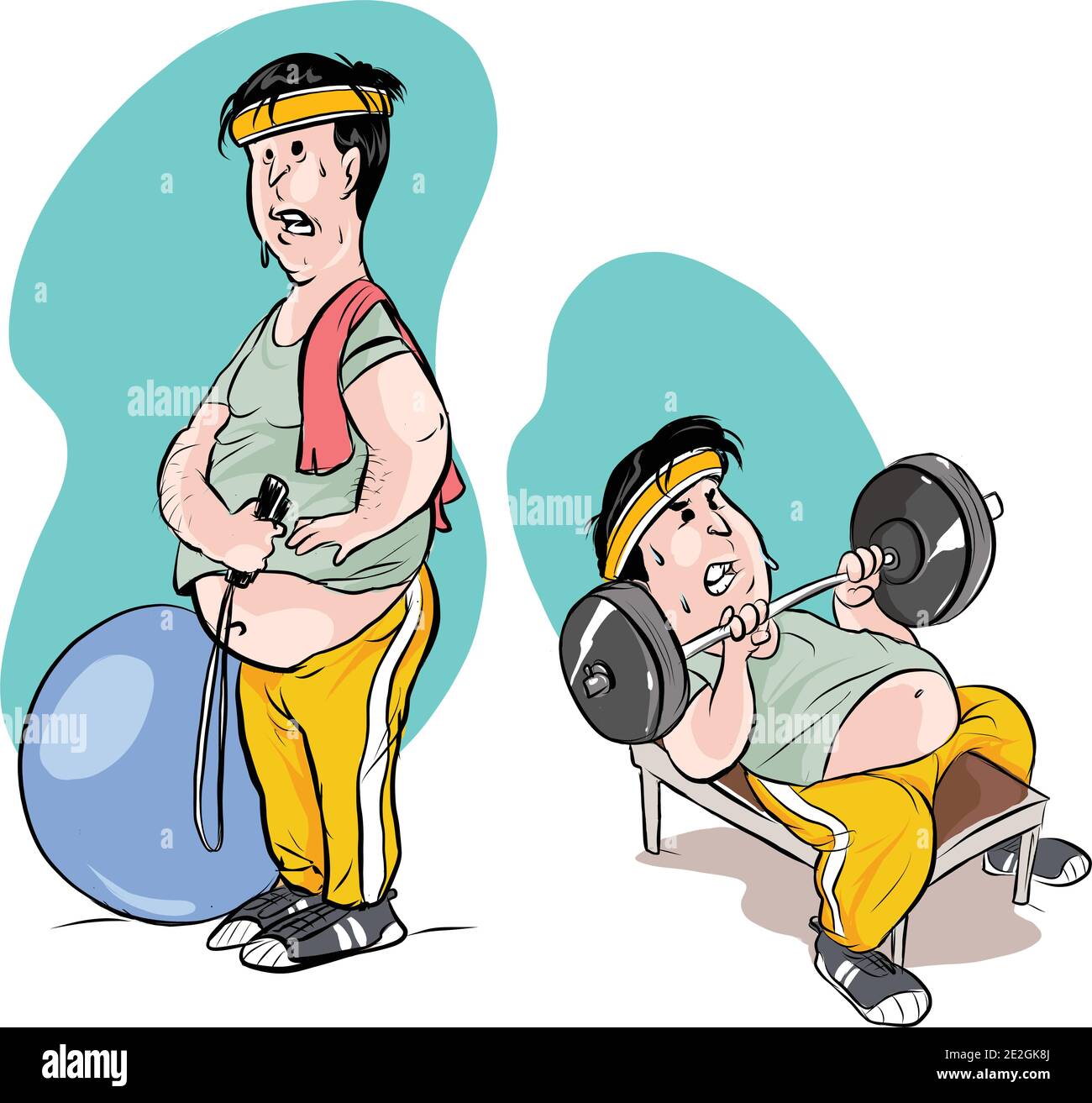 Fat Mann ist in Fitness engagiert. Der übergewichtige Kerl macht Übungen mit Hanteln. Vektorgrafik Stockillustration Stock Vektor