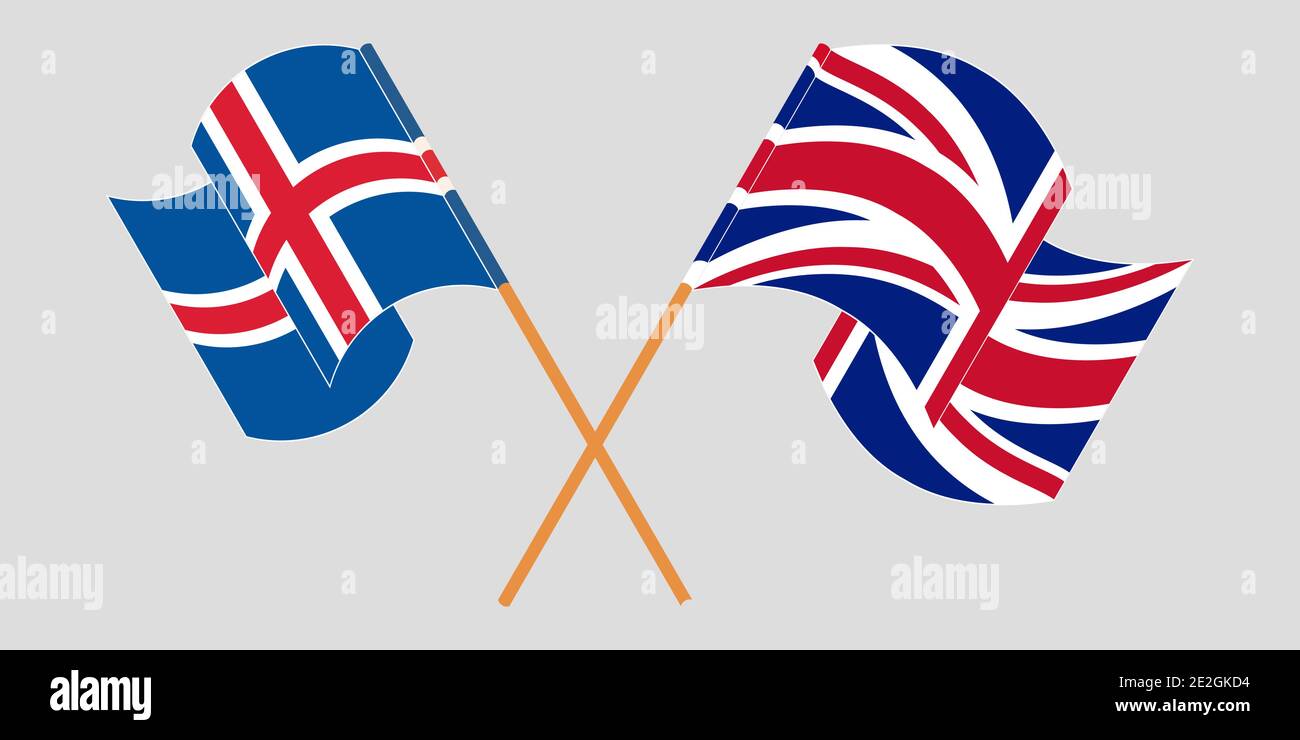 Gekreuzte Flaggen von Island und Großbritannien. Offizielle Farben. Korrektes Verhältnis. Vektorgrafik Stock Vektor