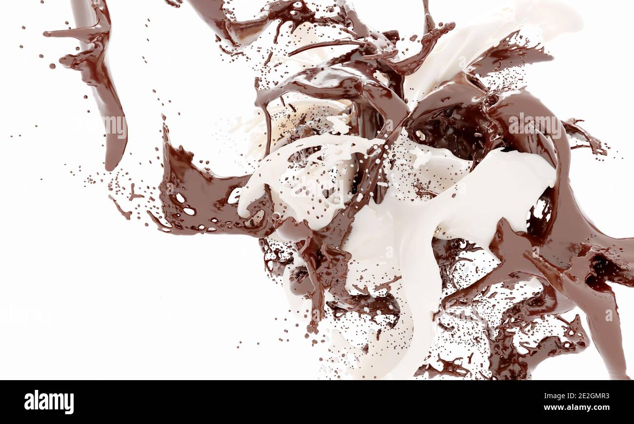 Dunkle Schokolade und weiße Milch spritzt isoliert auf weißem Hintergrund Stockfoto