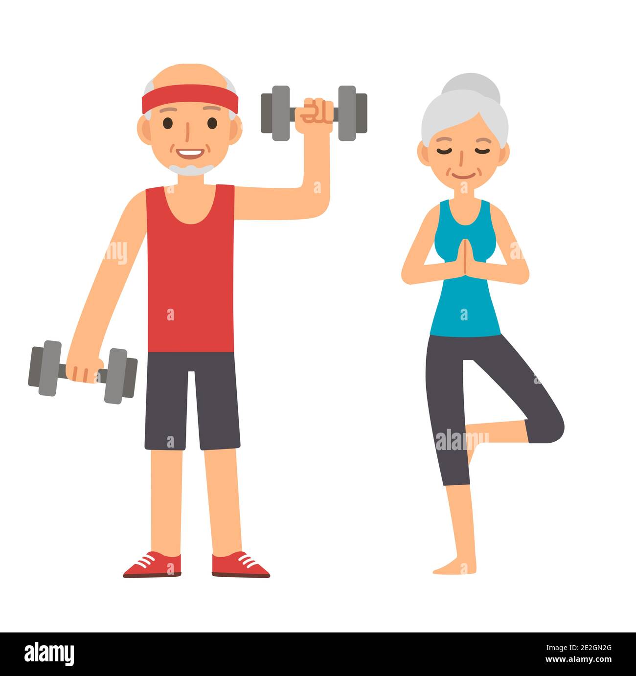 Aktives und gesundes Seniorenpaar: Cartoon-Mann mit Hanteln und Frau, die Yoga macht, isoliert auf weißem Hintergrund. Moderner einfacher flacher Vektor-Stil. Stock Vektor