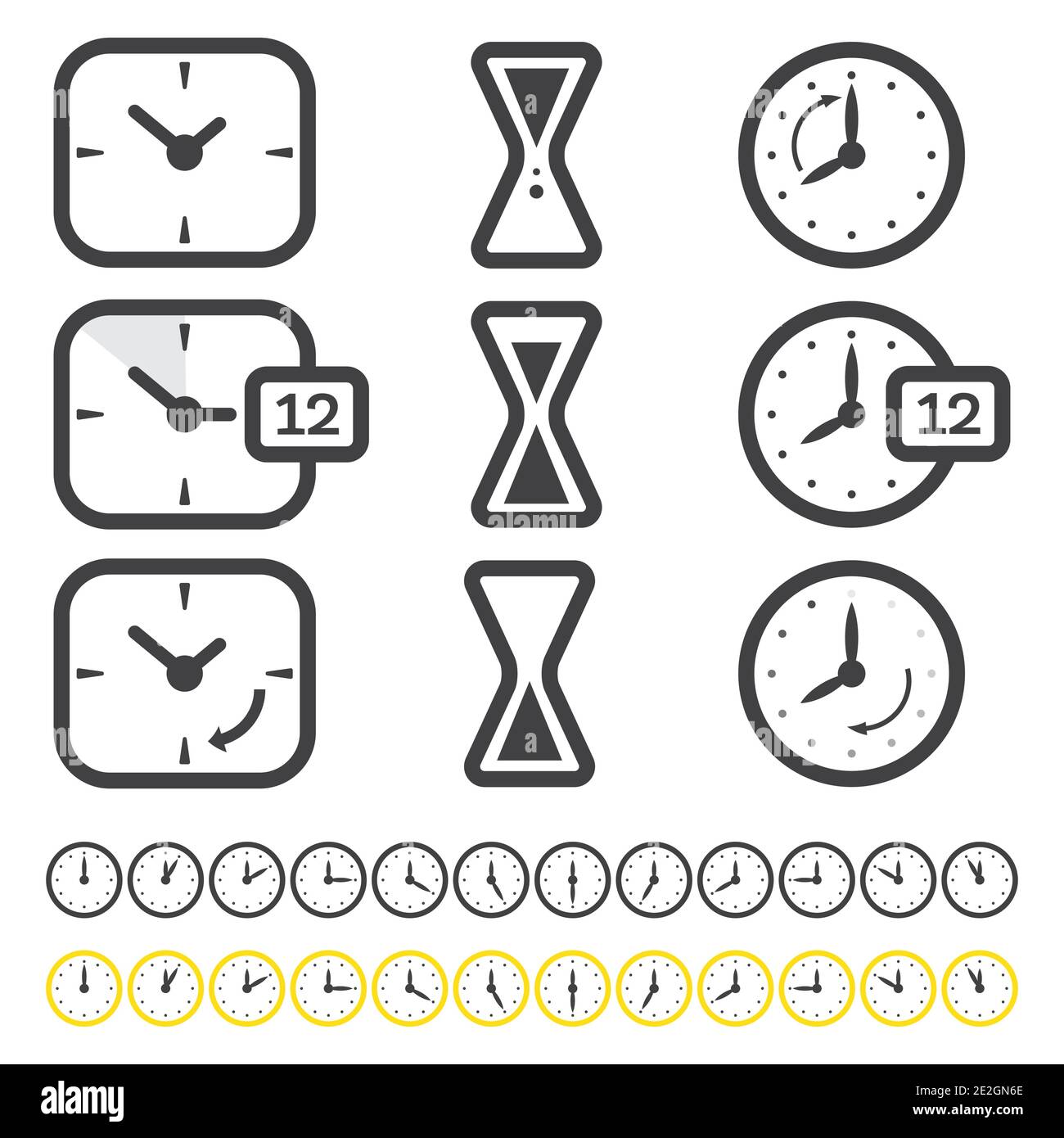 Einstellung des Symbols für Uhrzeit und Uhrzeit auf Weiß isoliert. Vektorgrafik. Umreißen Von Objekten. Stock Vektor