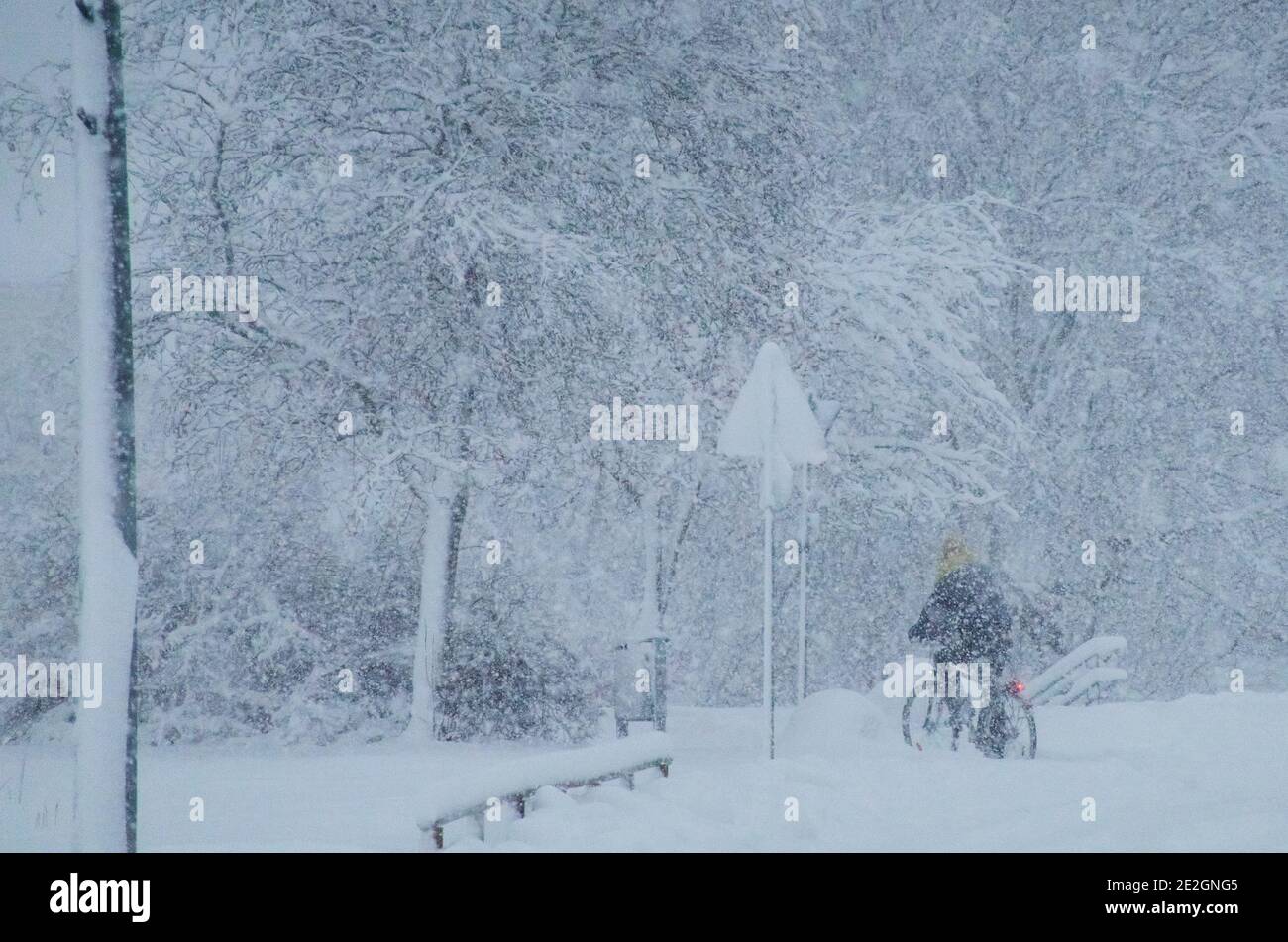 Marktoberdorf, Deutschland. Januar 2021. Wetterfeature: Radfahrer im Wintereinbruch mit 50cm Neuschnee, Wintereinbruch mit 50cm Neuschnee in Marktoberdorf, Bayern, Deutschland, 14. Januar 2021. Quelle: Peter Schatz/Alamy Live News Stockfoto
