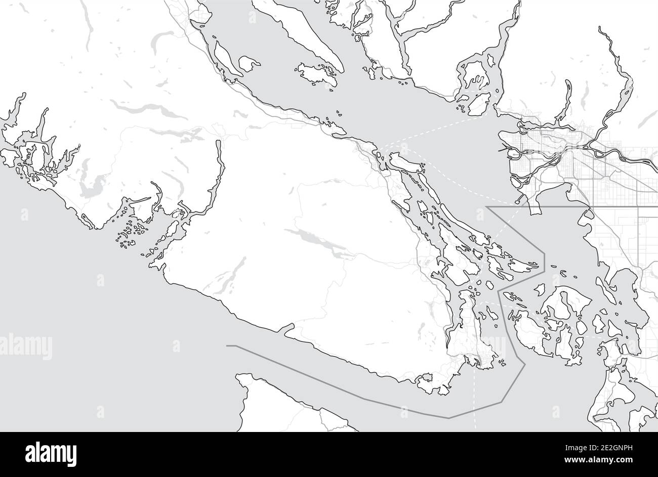 Karte von Vancouver Island (Nanaimo, Victoria, Tofino) und Greater Vancouver. Kanada, British Columbia. Touristische Karte. Einfache Graustufenkarte ohne Text Stock Vektor