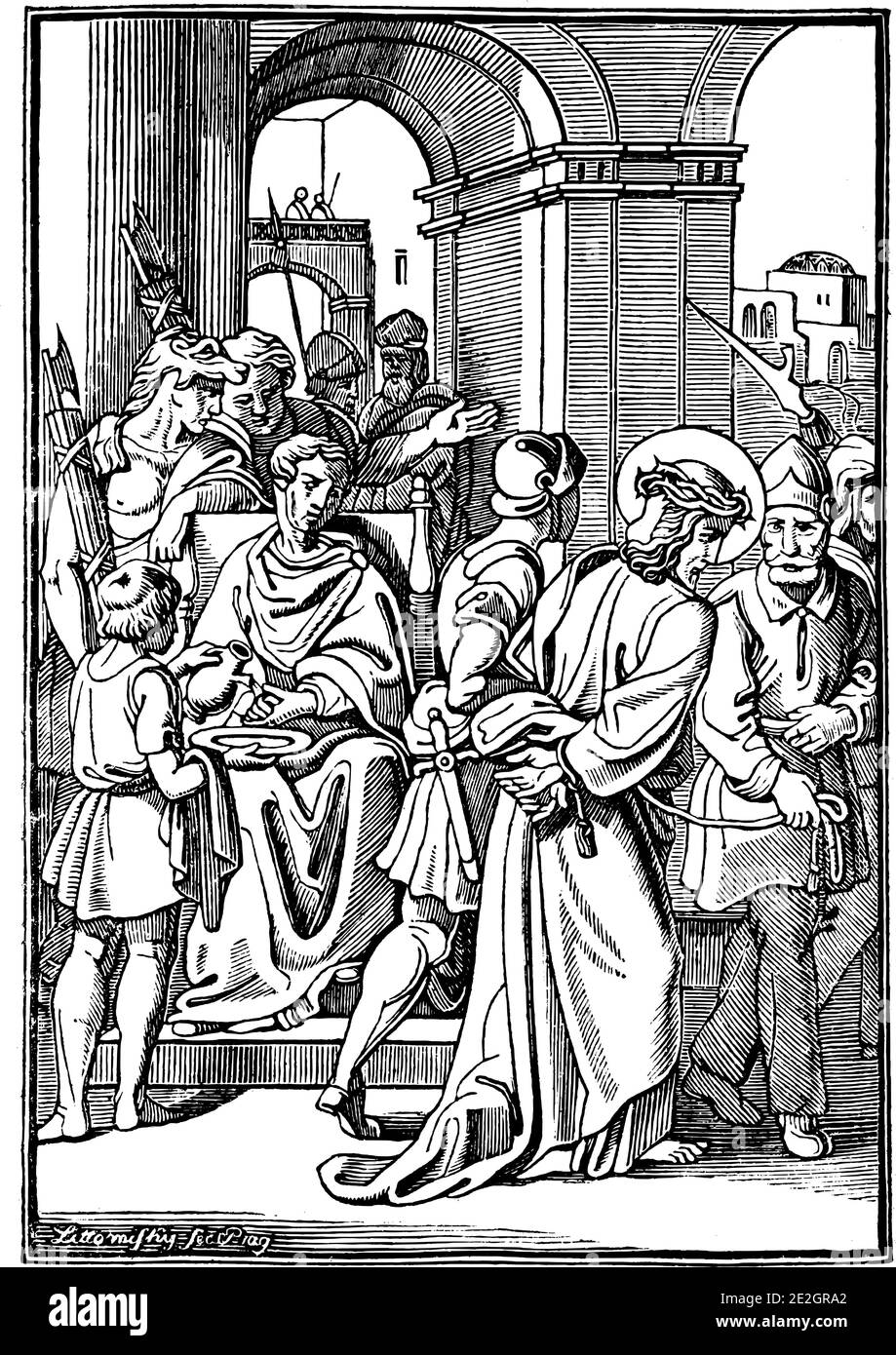 1. Oder erste Station des Kreuzes oder Kreuzweg oder Via Crucis. Jesus ist zum Tode verurteilt.Bibel, Neues Testament. Antike Vintage biblische religiöse Gravur oder Zeichnung. Stock Vektor